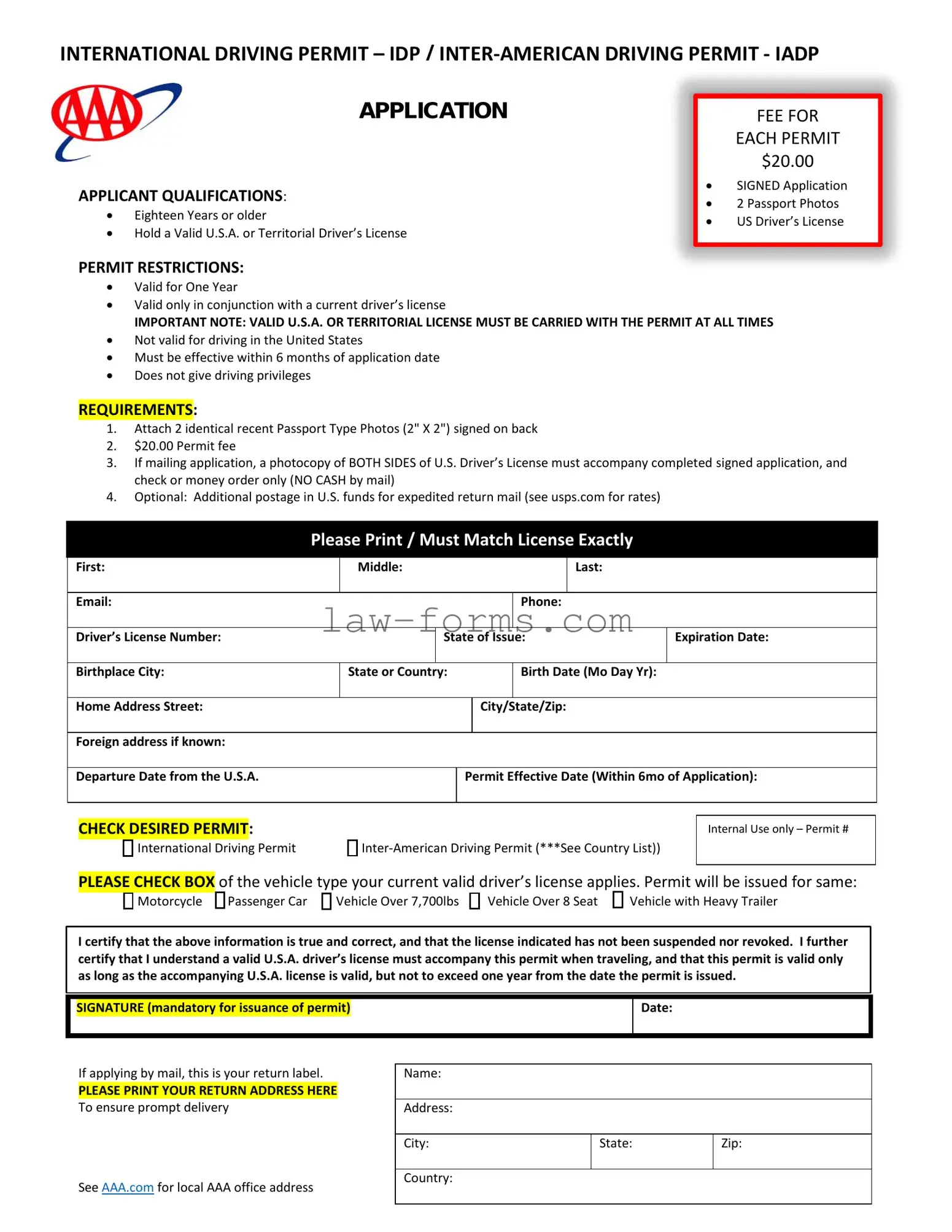Aaa International Driving Permit Application PDF Template