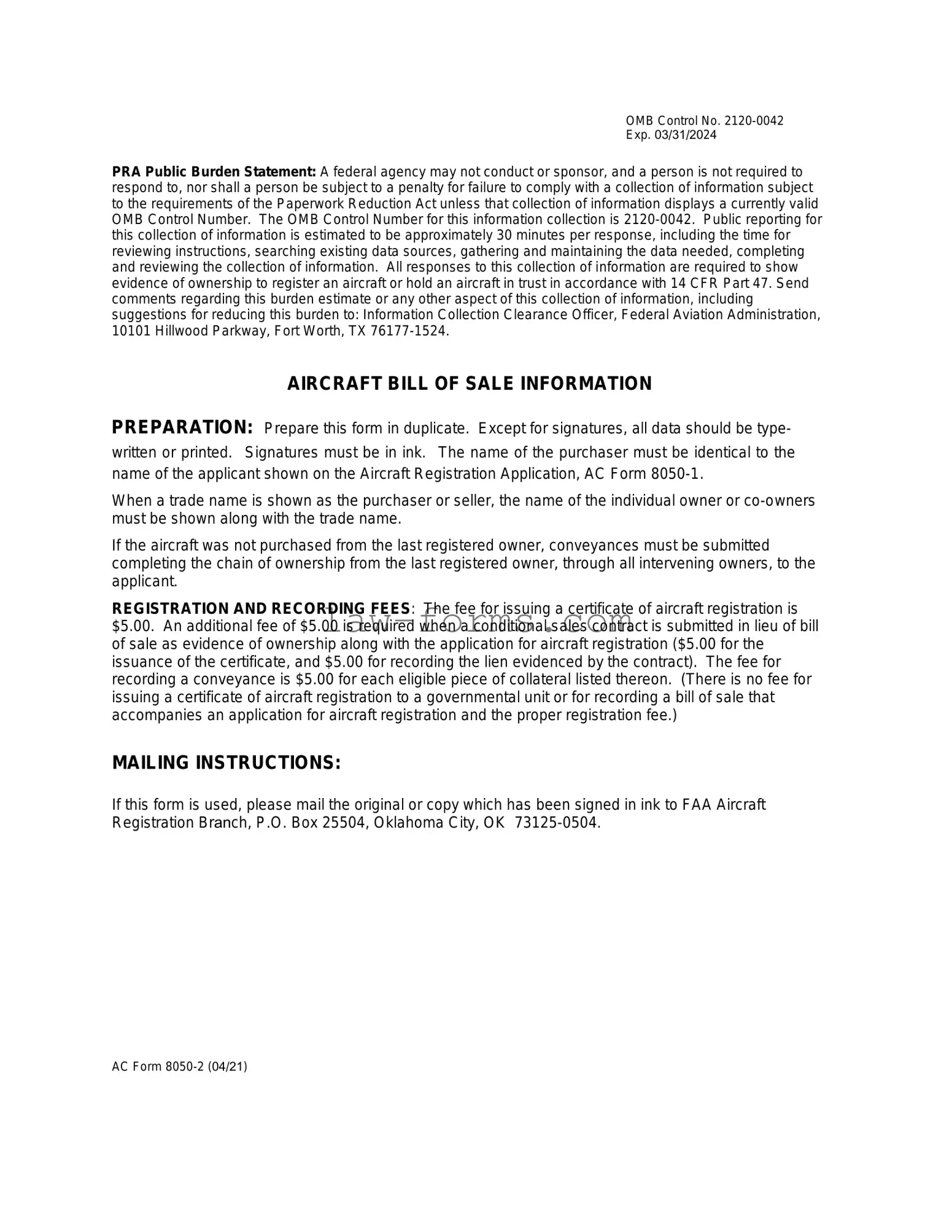 Aircraft Bill of Sale AC 8050-2 PDF Template