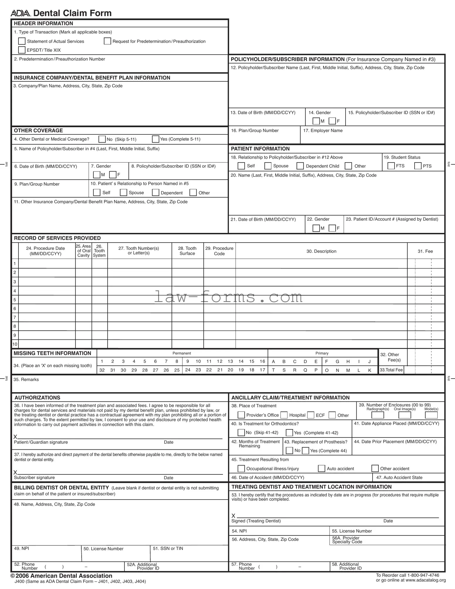 Ada Dental Claim PDF Template