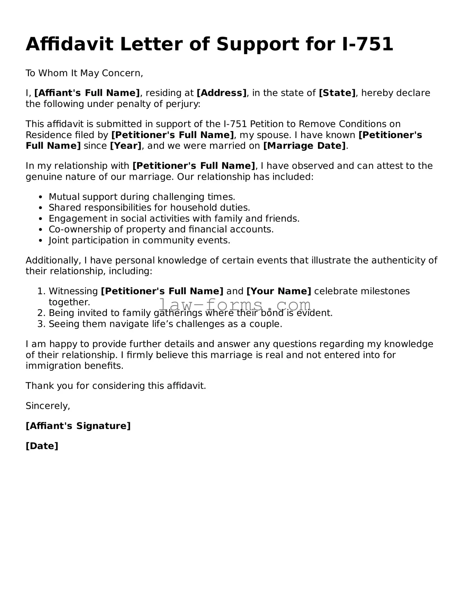 Valid Affidavit Letter of Support for I-751 Template