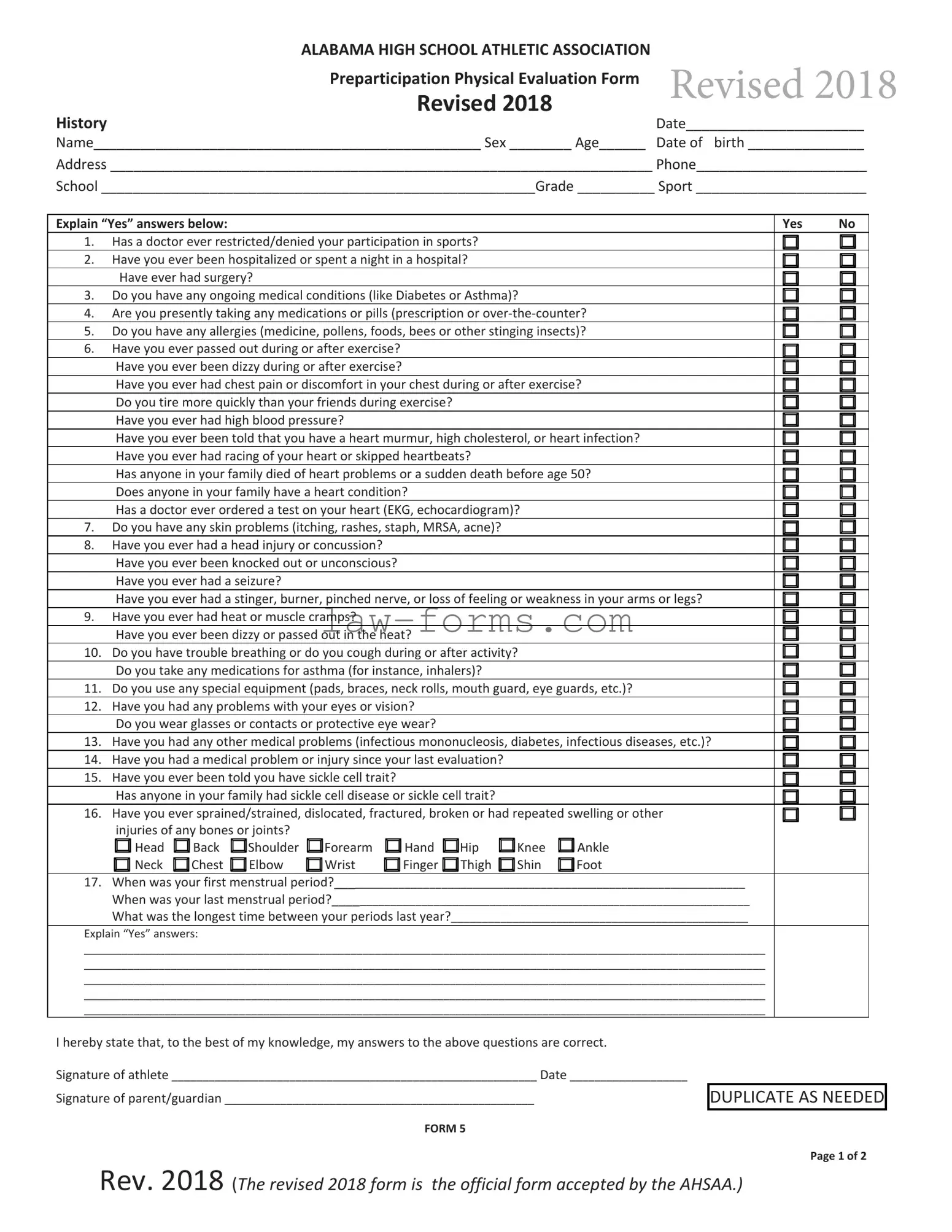 Alabama High School Physical PDF Template