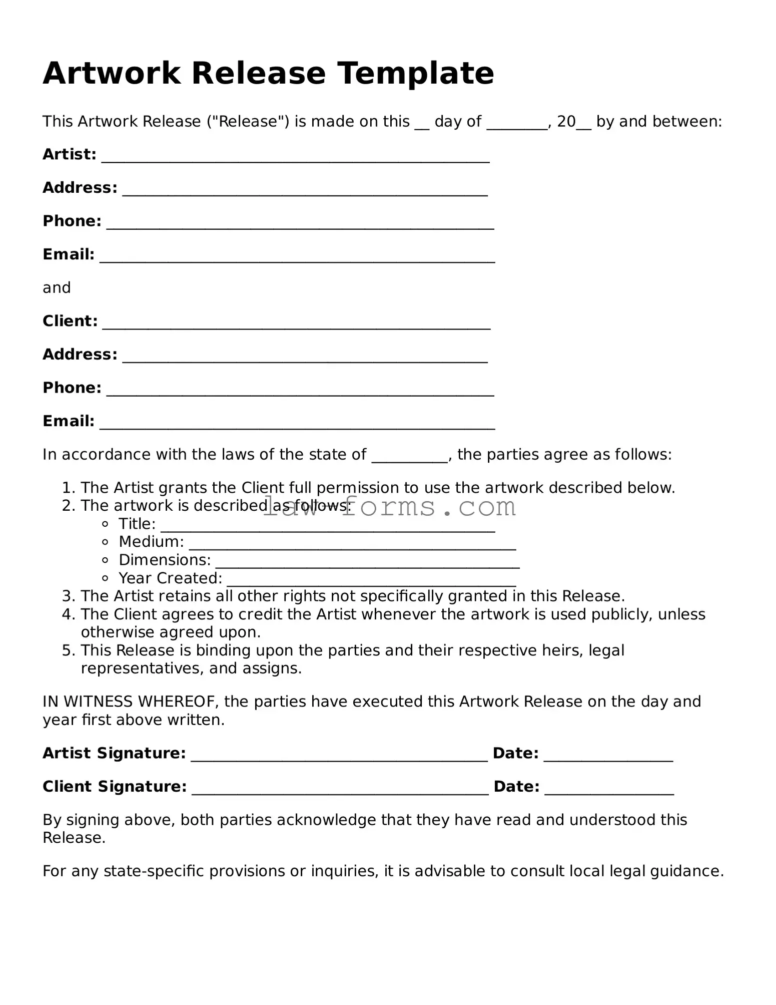 Valid Artwork Release Template