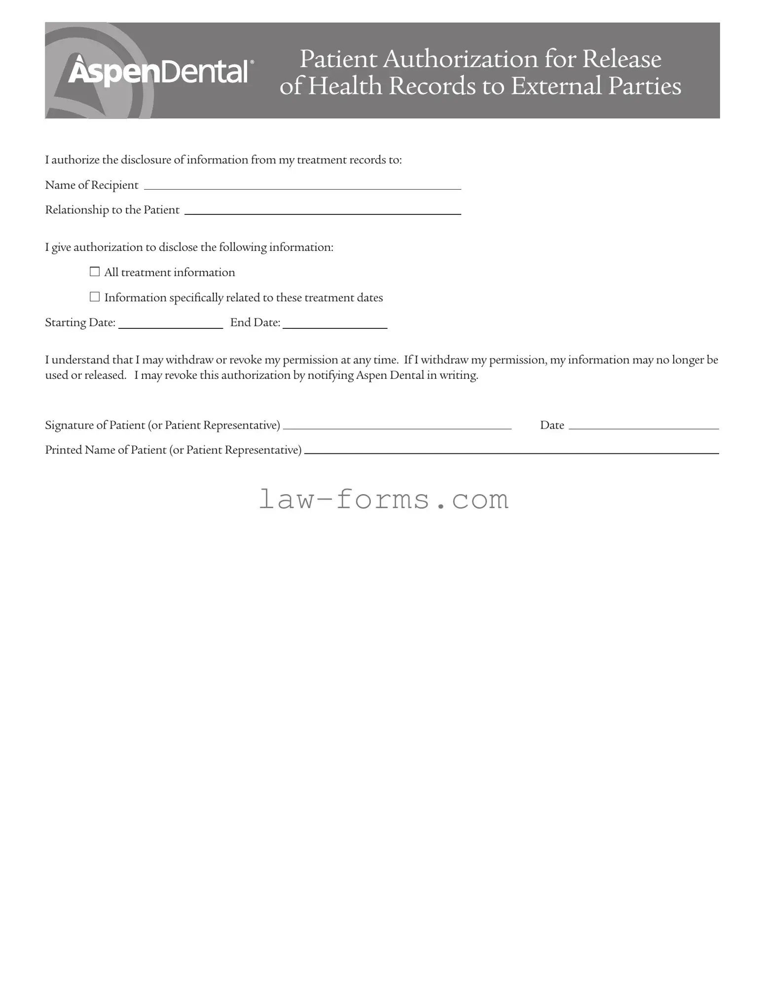 Aspen Dental Health Information Release PDF Template