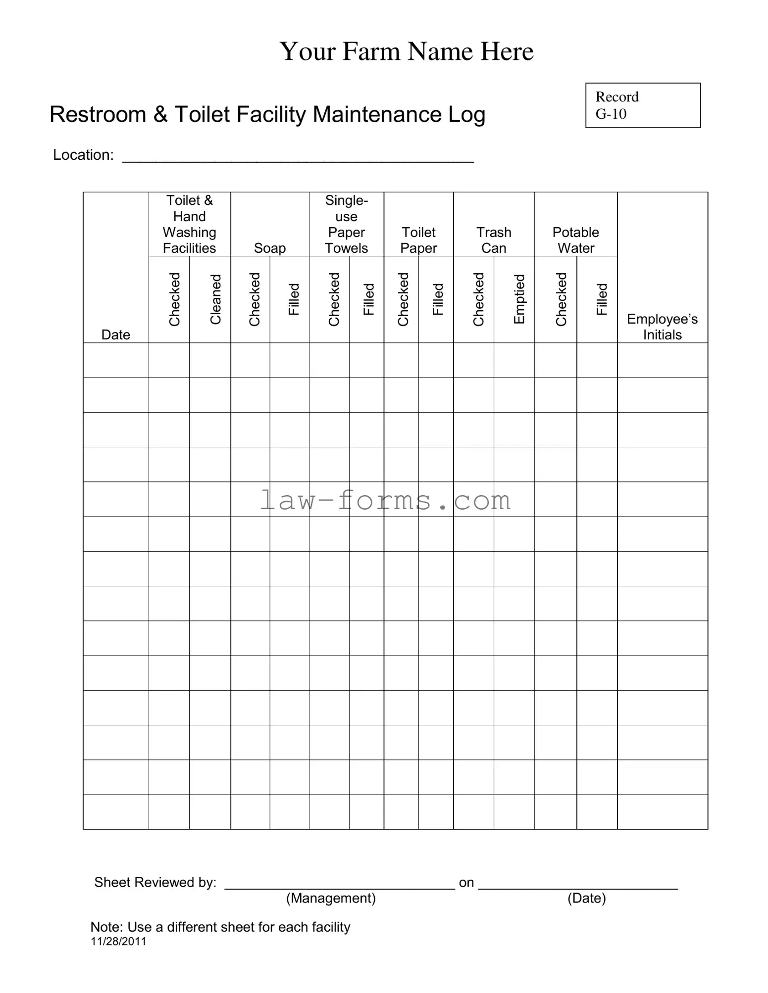 Bathroom Cleaning Log Sheet PDF Template