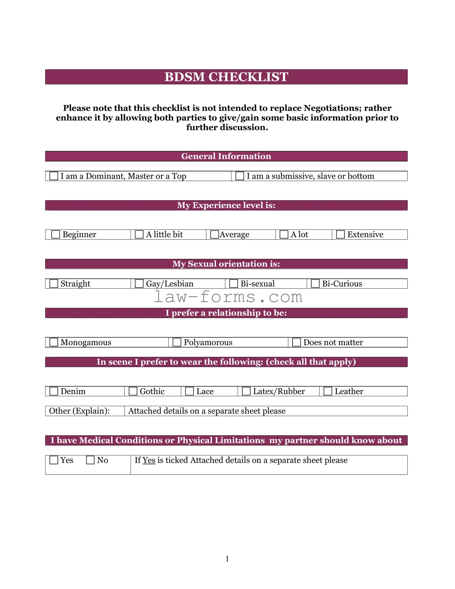 Bdsm Checklist PDF Template