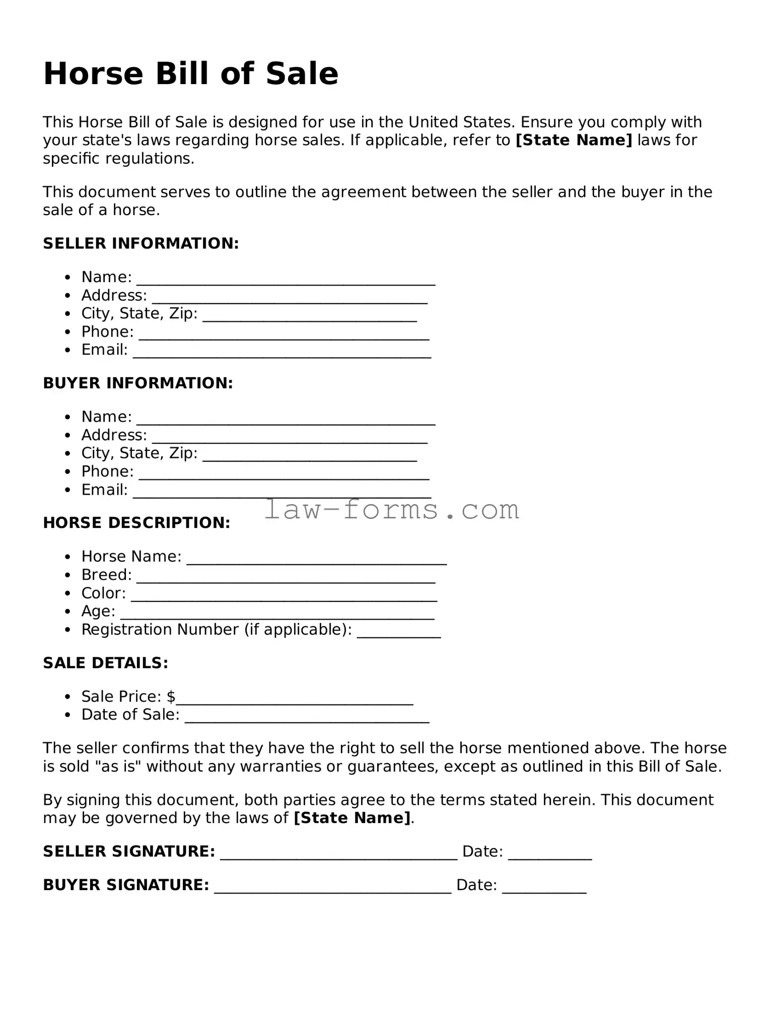Valid Horse Bill of Sale Template