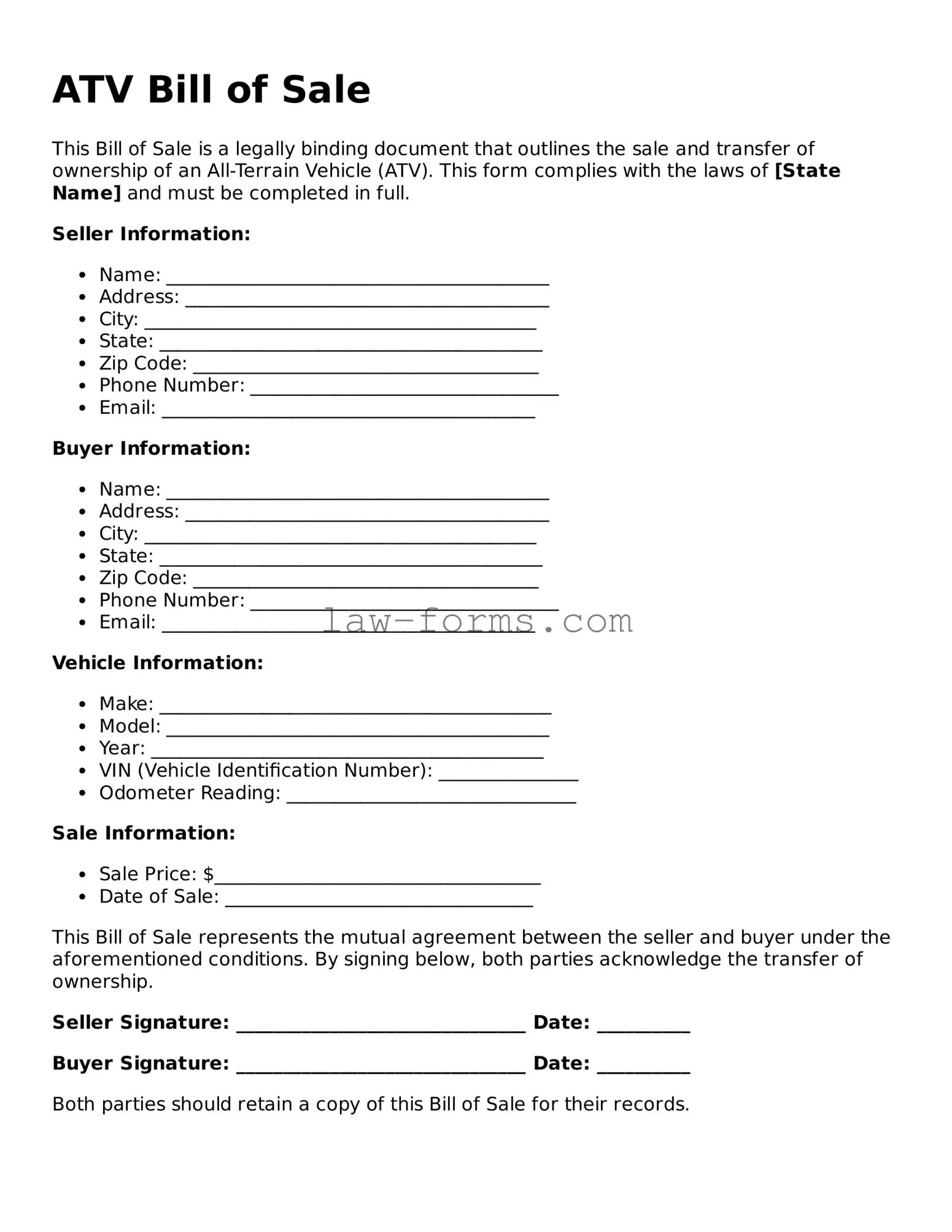 Valid ATV Bill of Sale Template