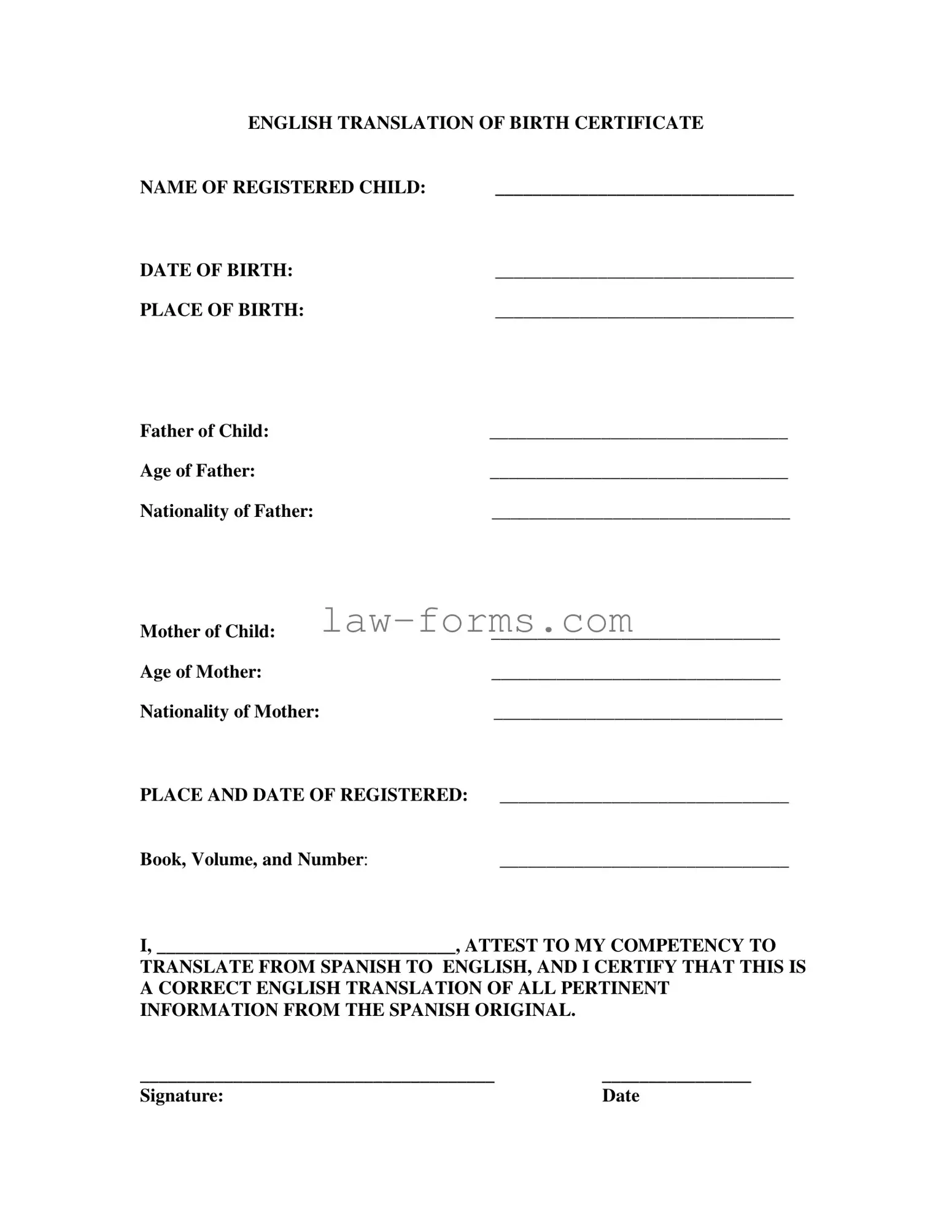 Birth Certificate Translation To English PDF Template