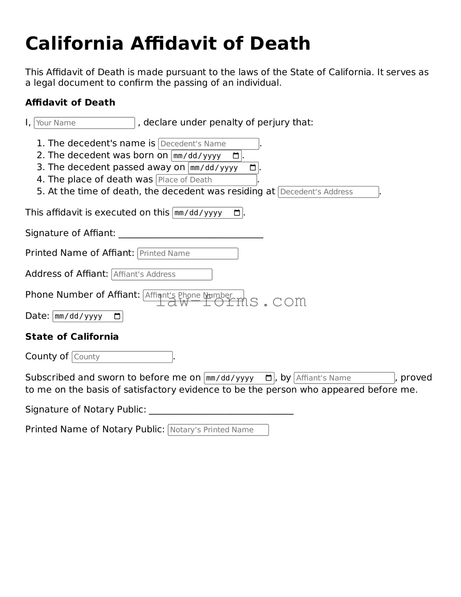 Valid Affidavit of Death Form for California State