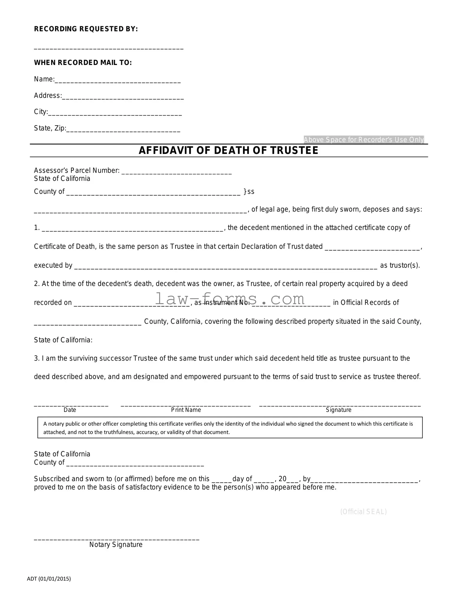 California Affidavit of Death of a Trustee PDF Template