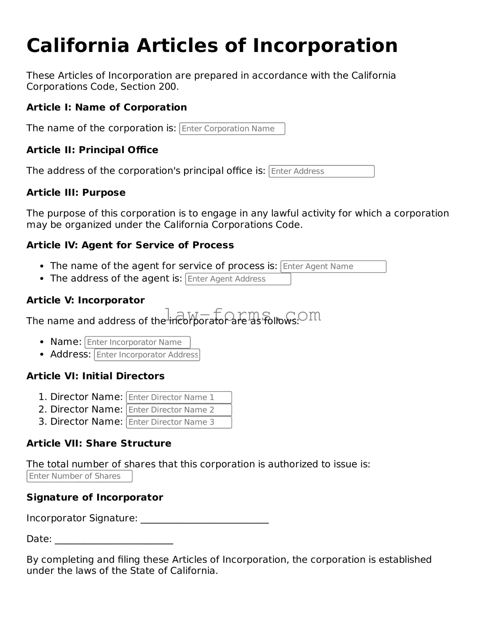 Valid Articles of Incorporation Form for California State