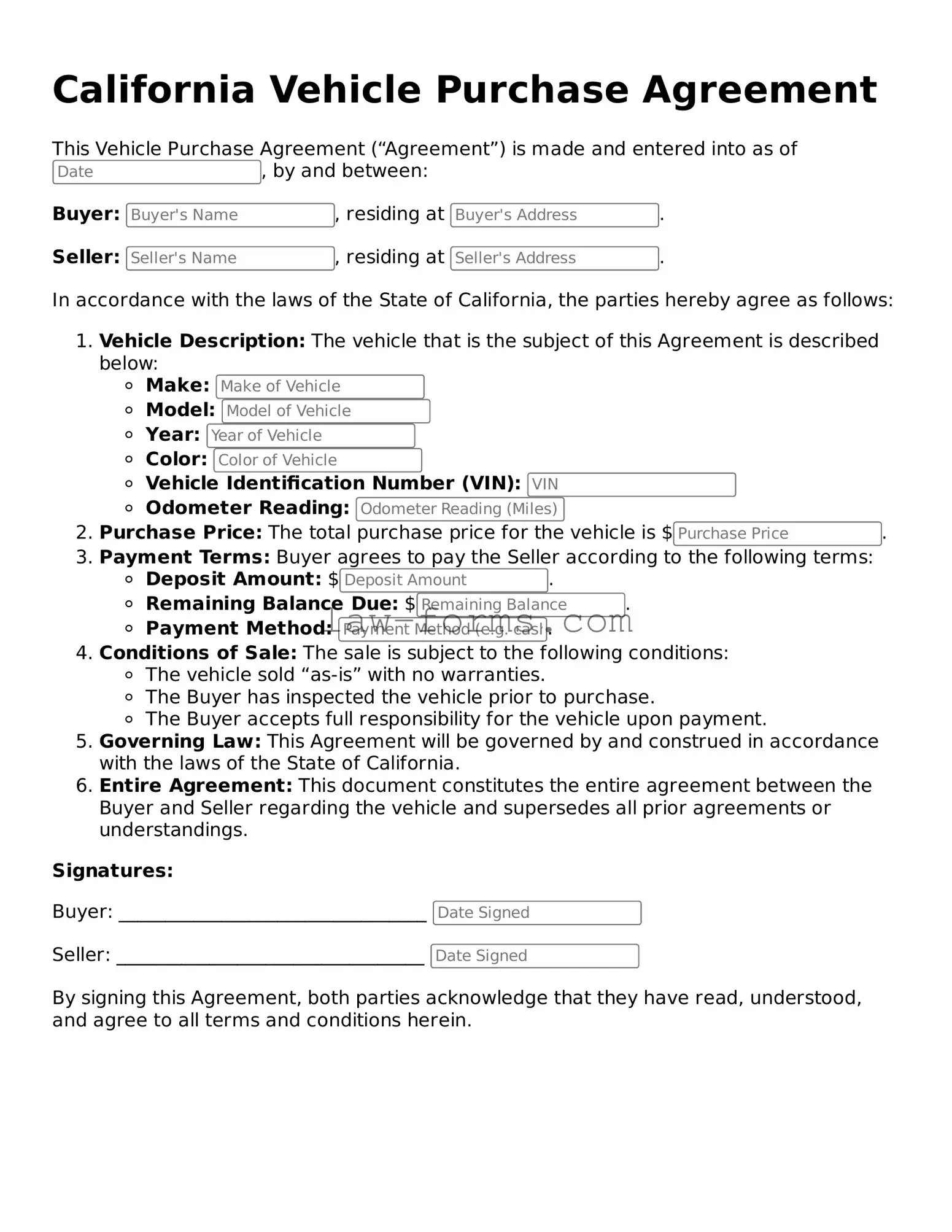 Valid Vehicle Purchase Agreement Form for California State