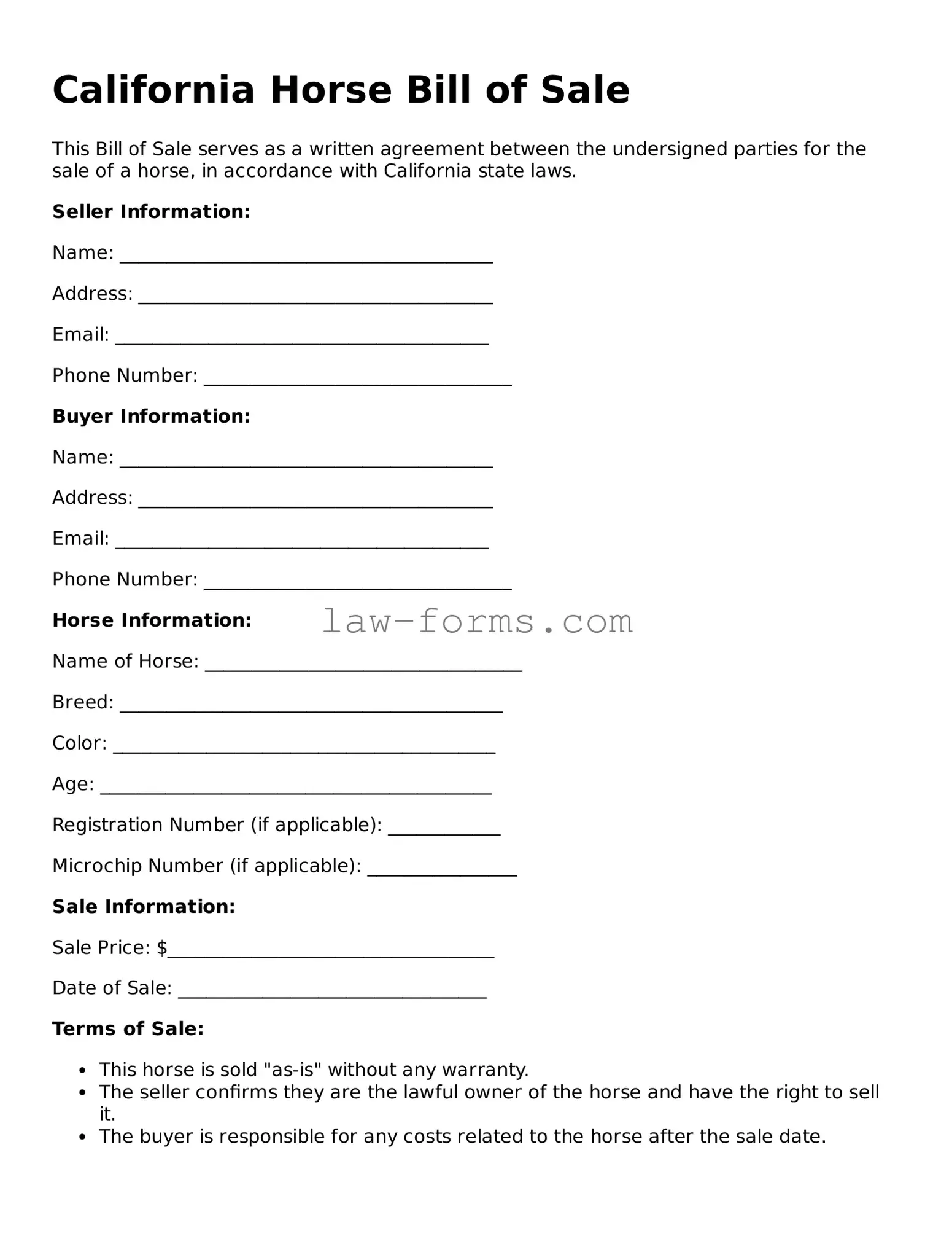 Valid Horse Bill of Sale Form for California State