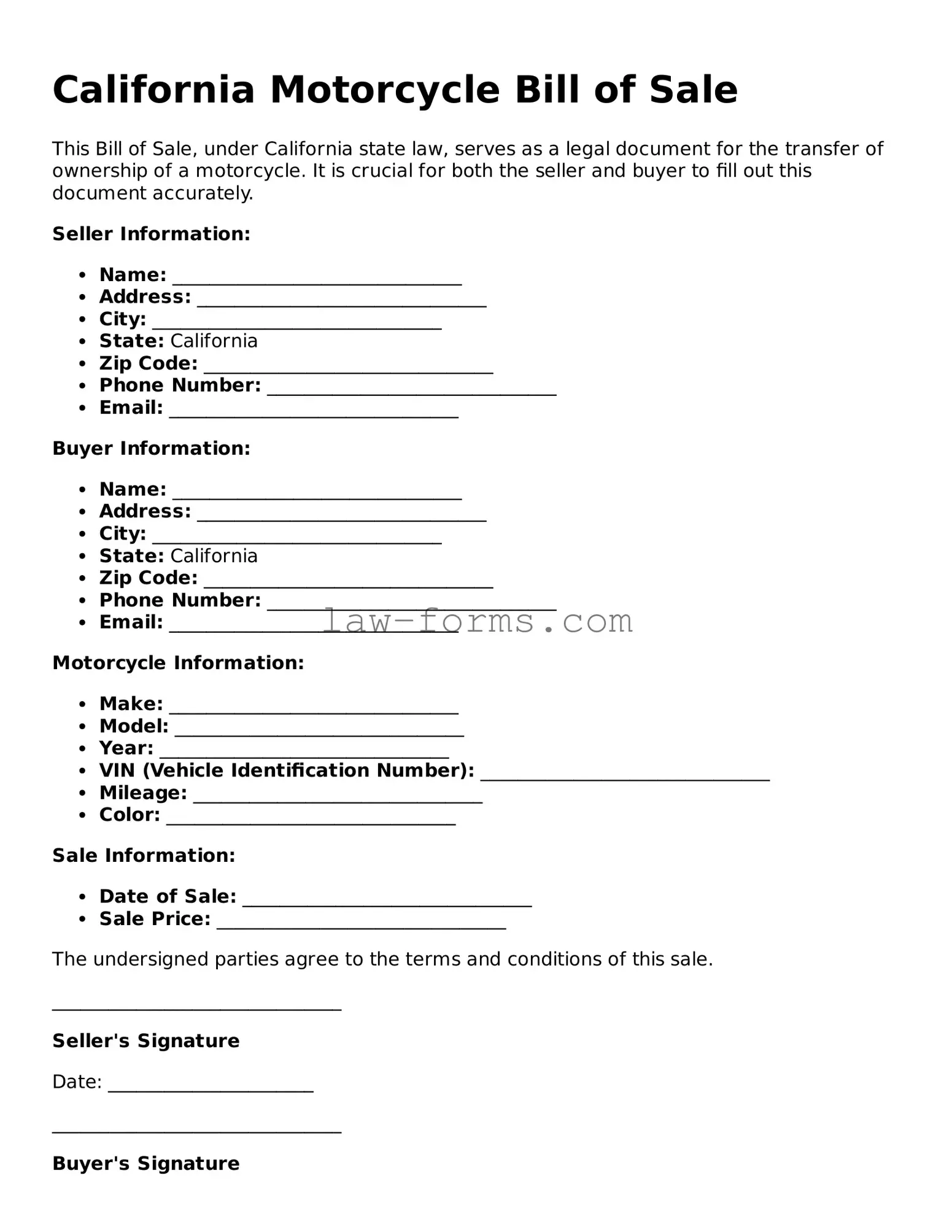 Valid Motorcycle Bill of Sale Form for California State