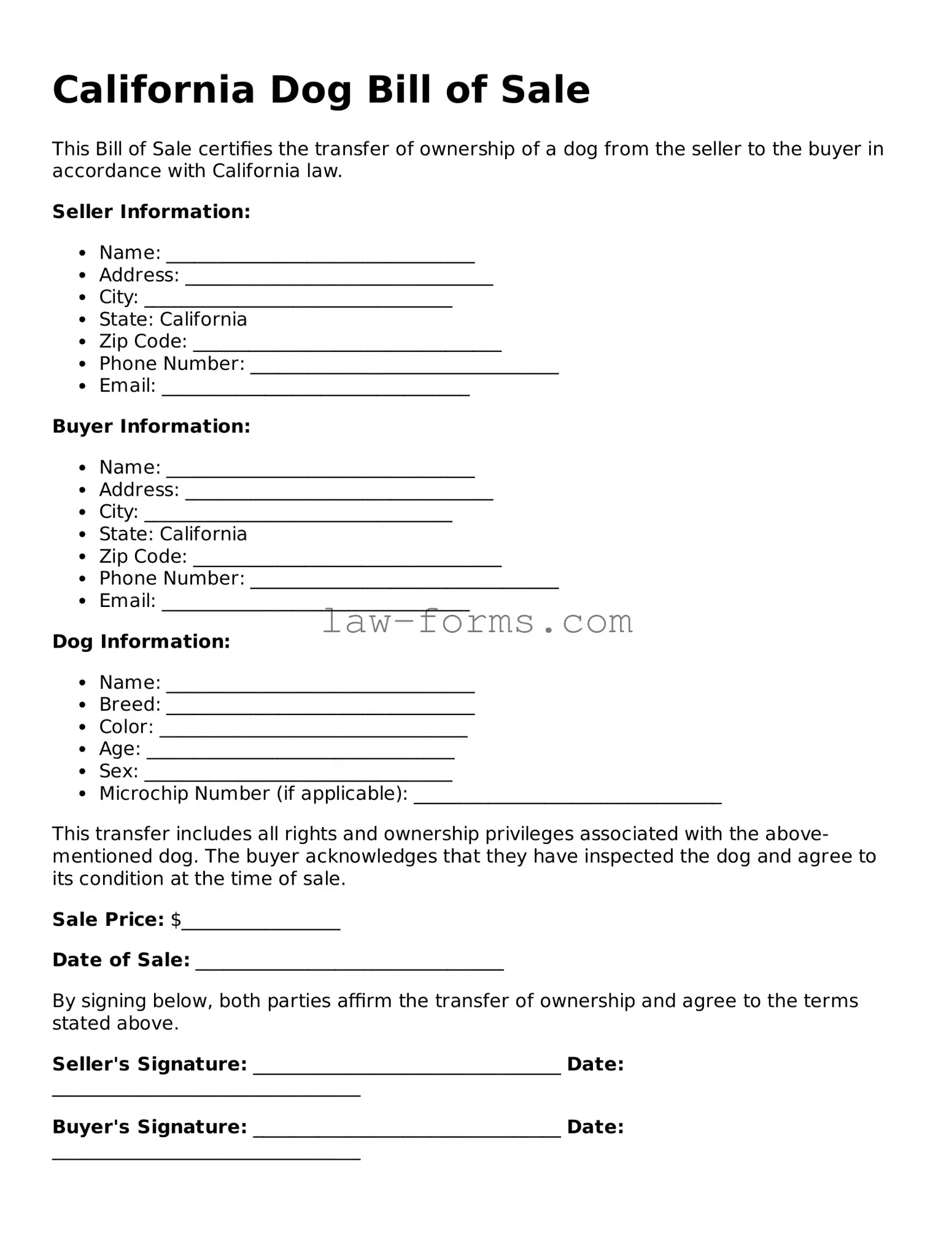 Valid Dog Bill of Sale Form for California State