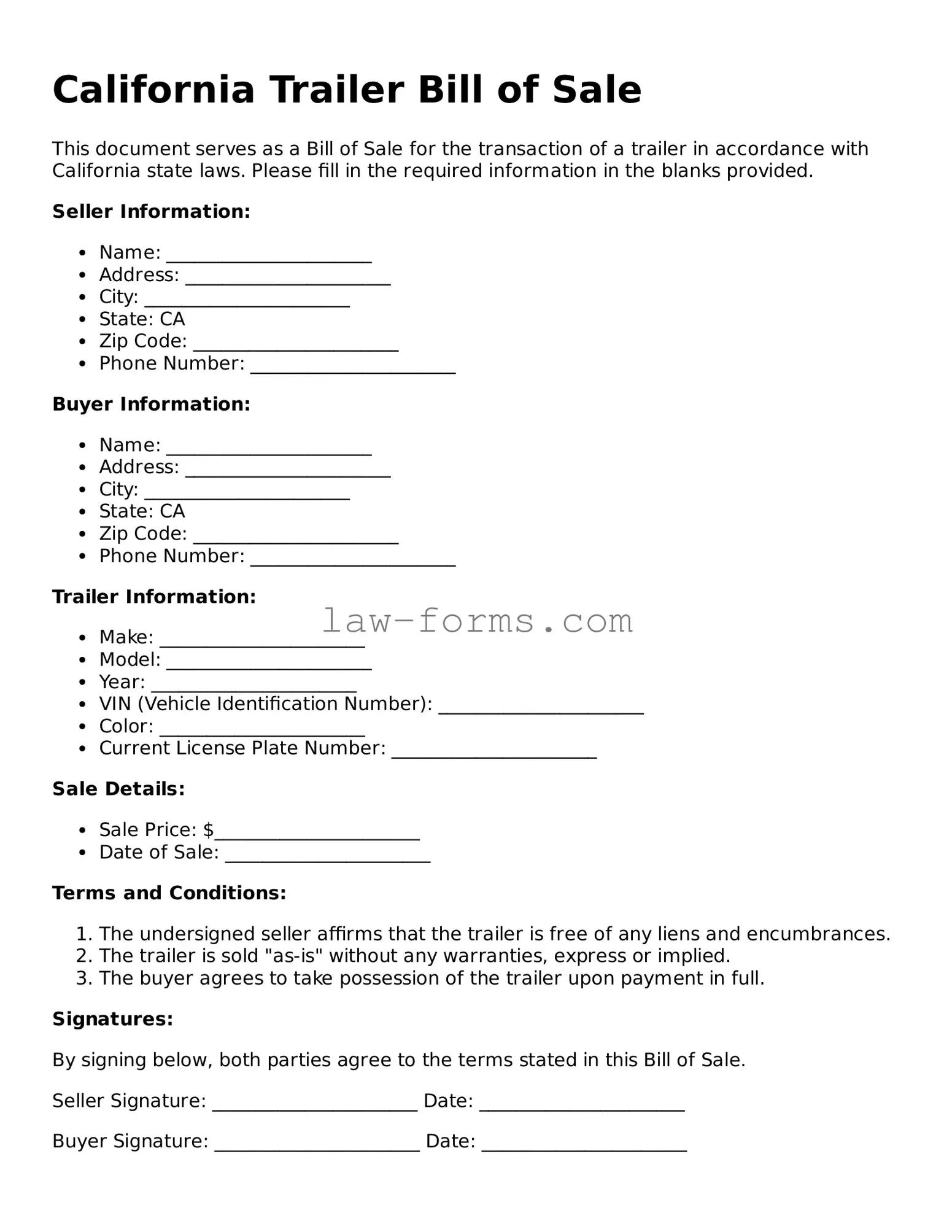 Valid Trailer Bill of Sale Form for California State