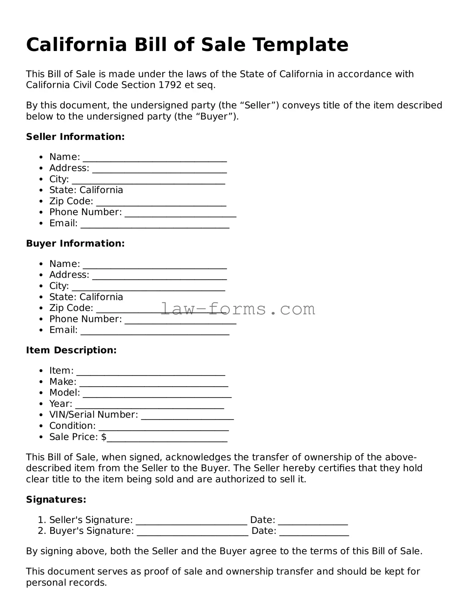 Valid Bill of Sale Form for California State