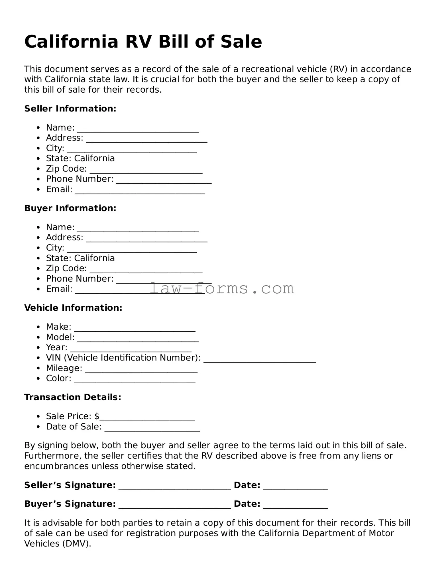 Valid RV Bill of Sale Form for California State