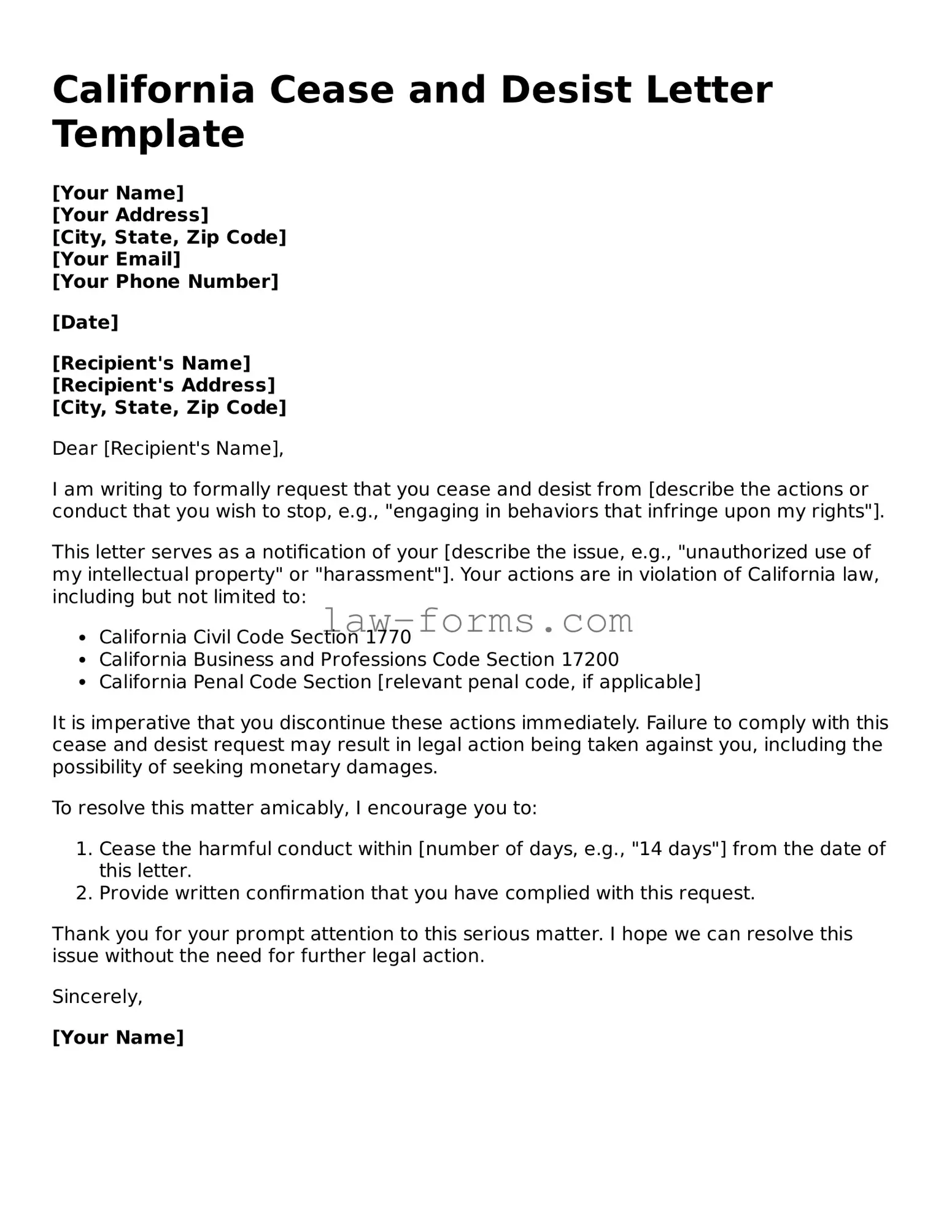 Valid Cease and Desist Letter Form for California State