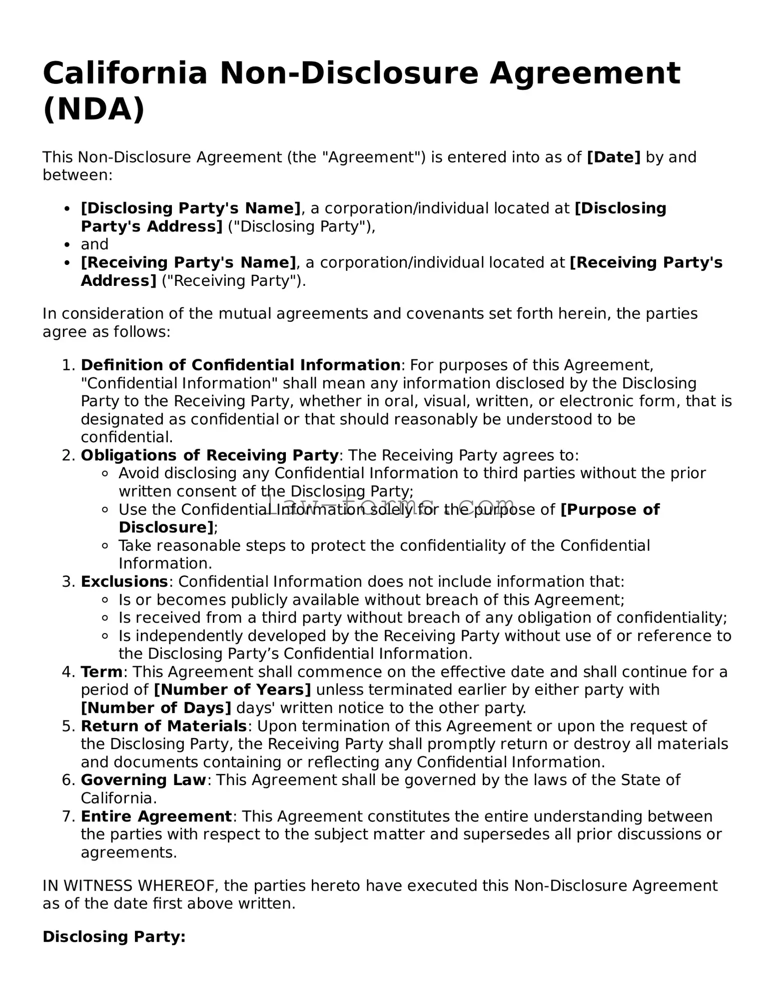 Valid Non-disclosure Agreement Form for California State