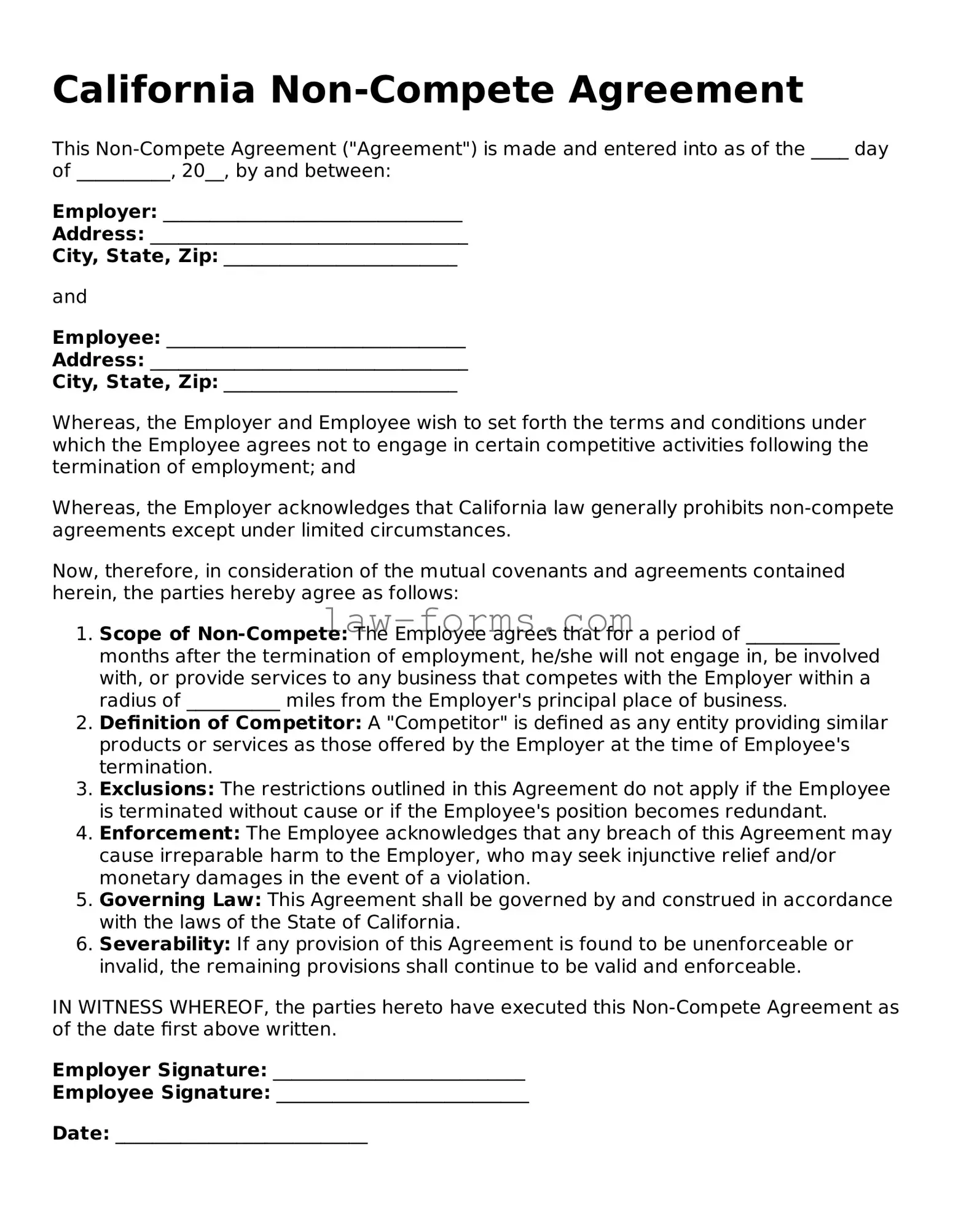 Valid Non-compete Agreement Form for California State