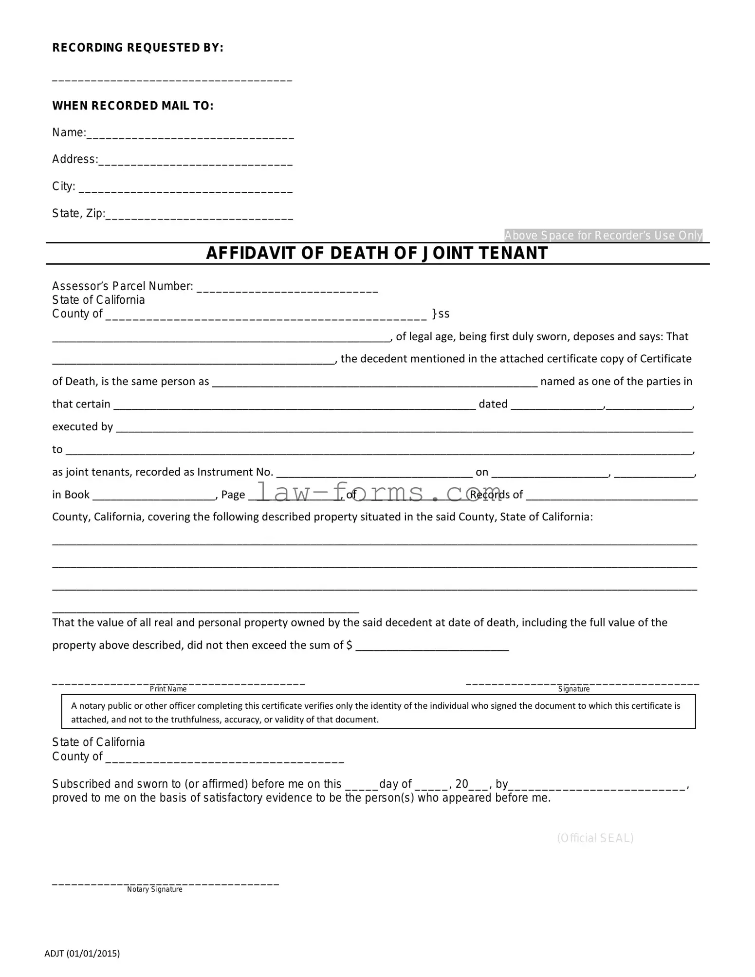 California Death of a Joint Tenant Affidavit PDF Template