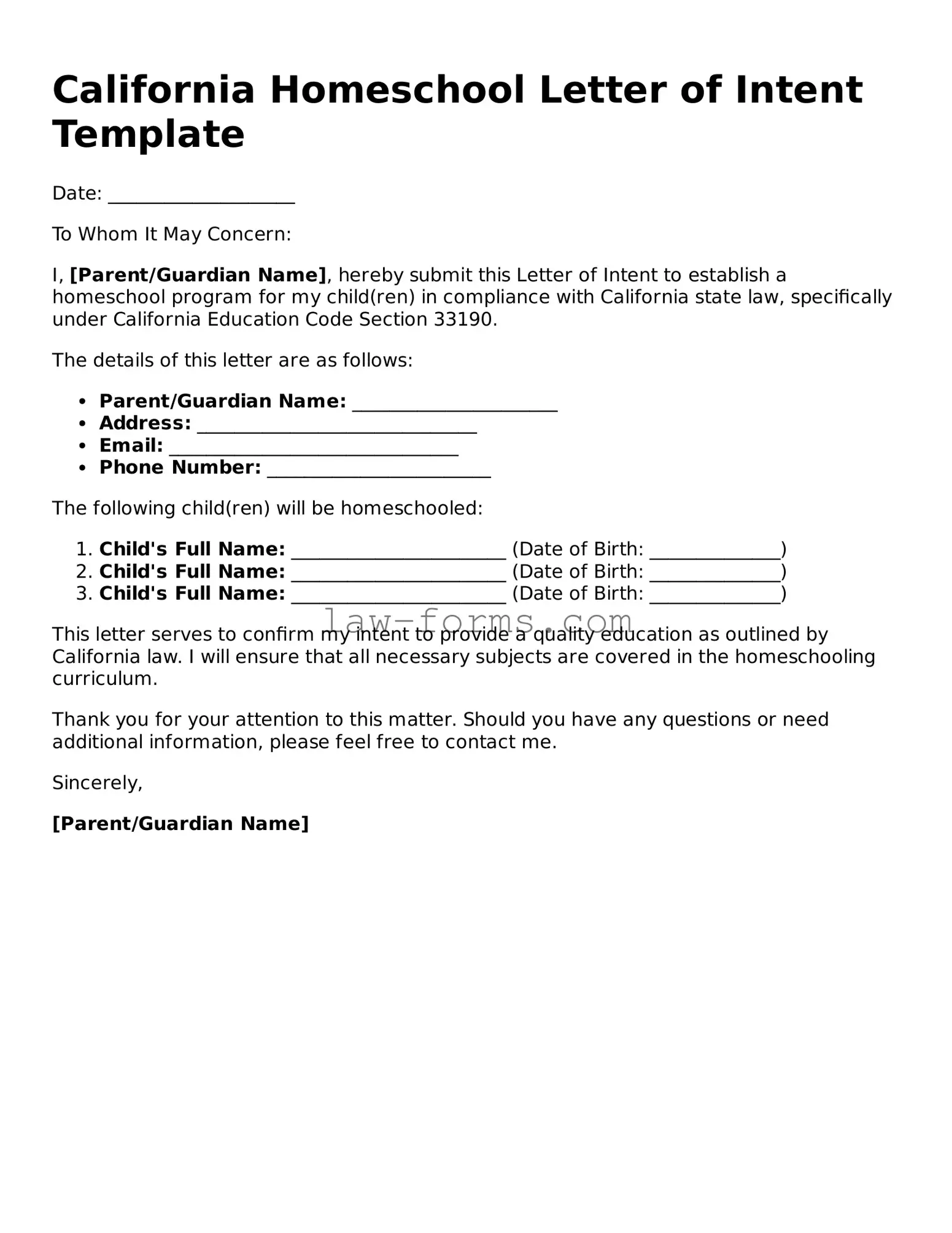 Valid Homeschool Letter of Intent Form for California State