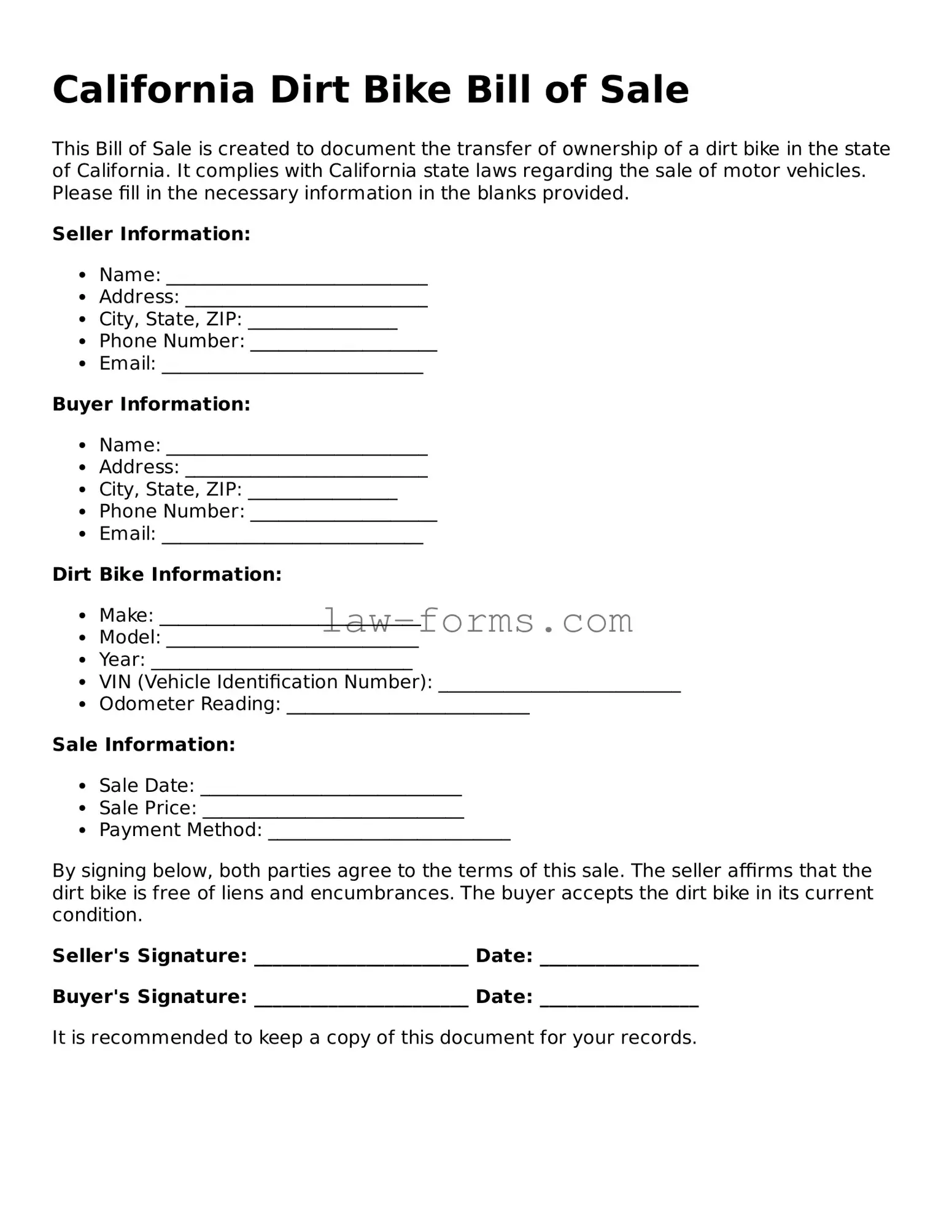 Valid Dirt Bike Bill of Sale Form for California State
