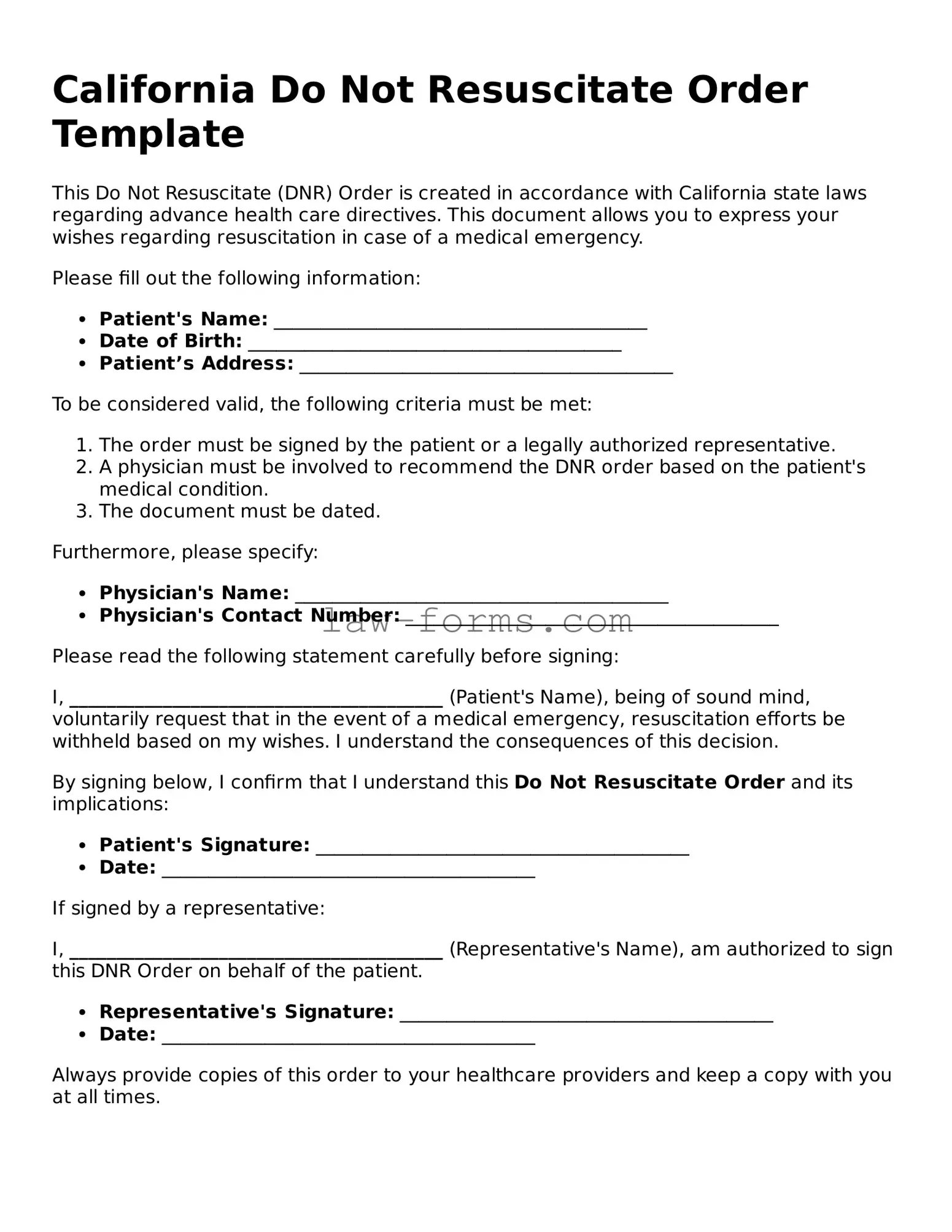 Valid Do Not Resuscitate Order Form for California State