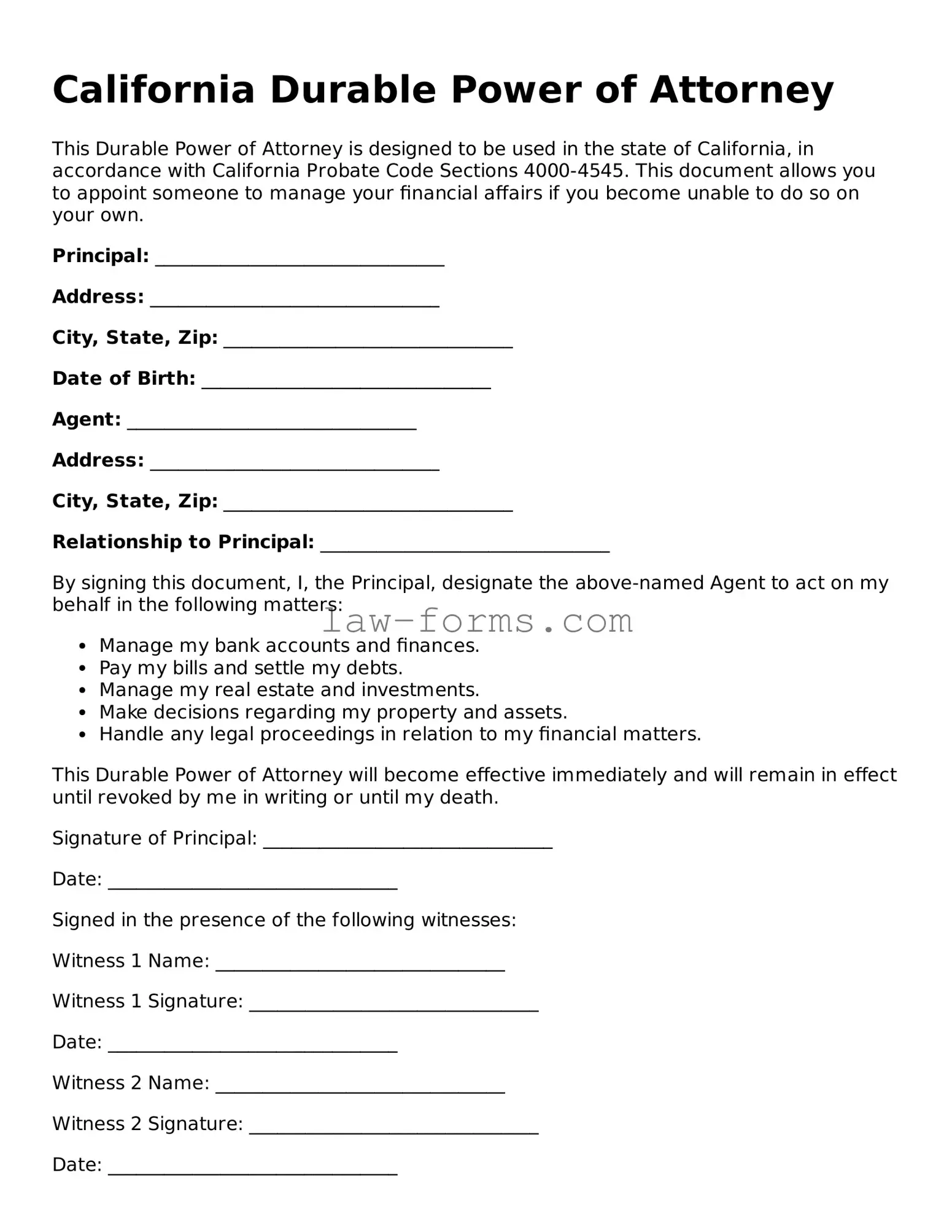 Valid Durable Power of Attorney Form for California State