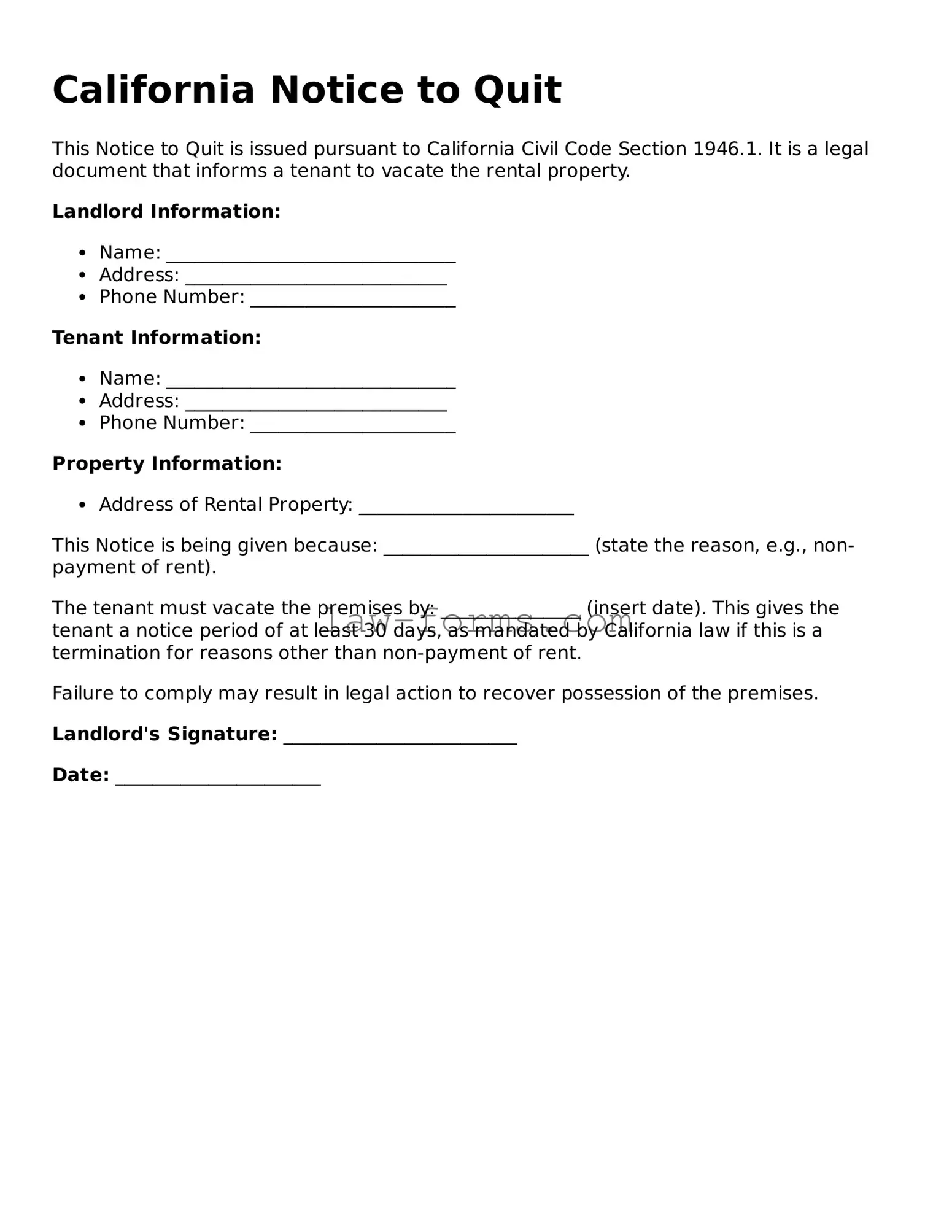 Valid Notice to Quit Form for California State