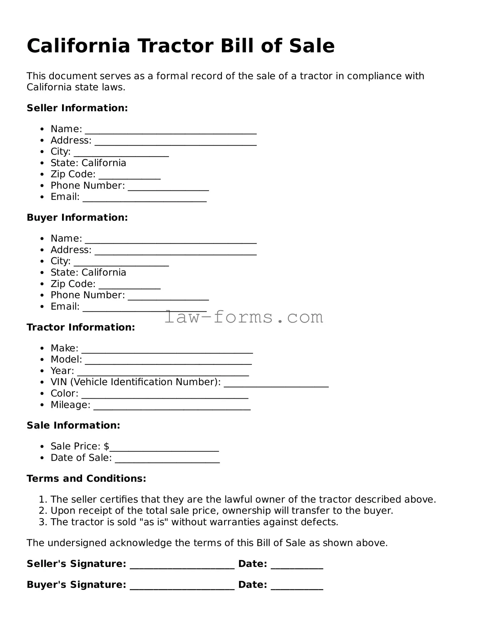 Valid Tractor Bill of Sale Form for California State