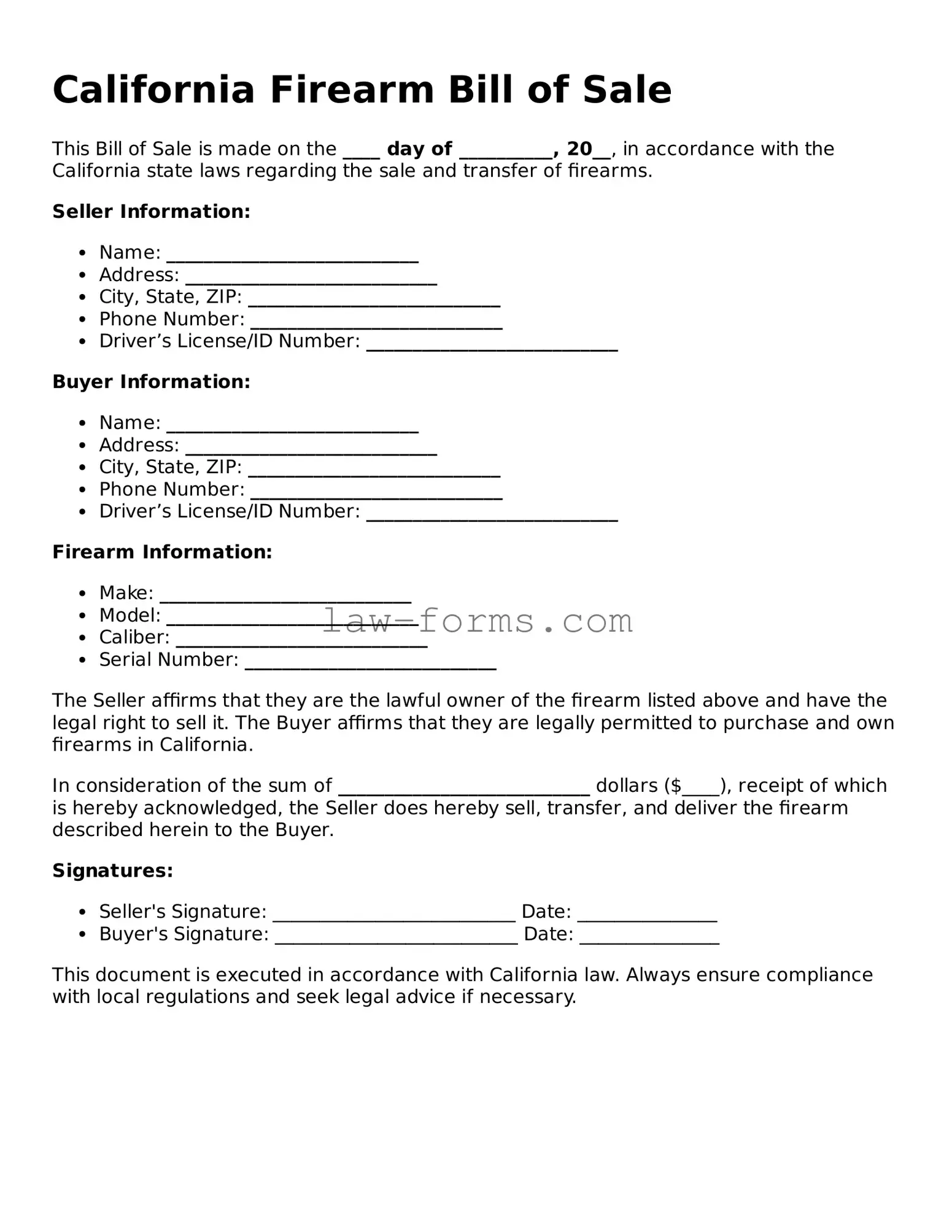 Valid Firearm Bill of Sale Form for California State
