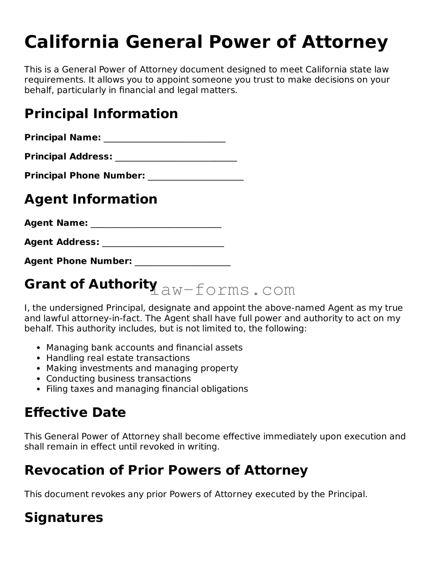 Valid General Power of Attorney Form for California State