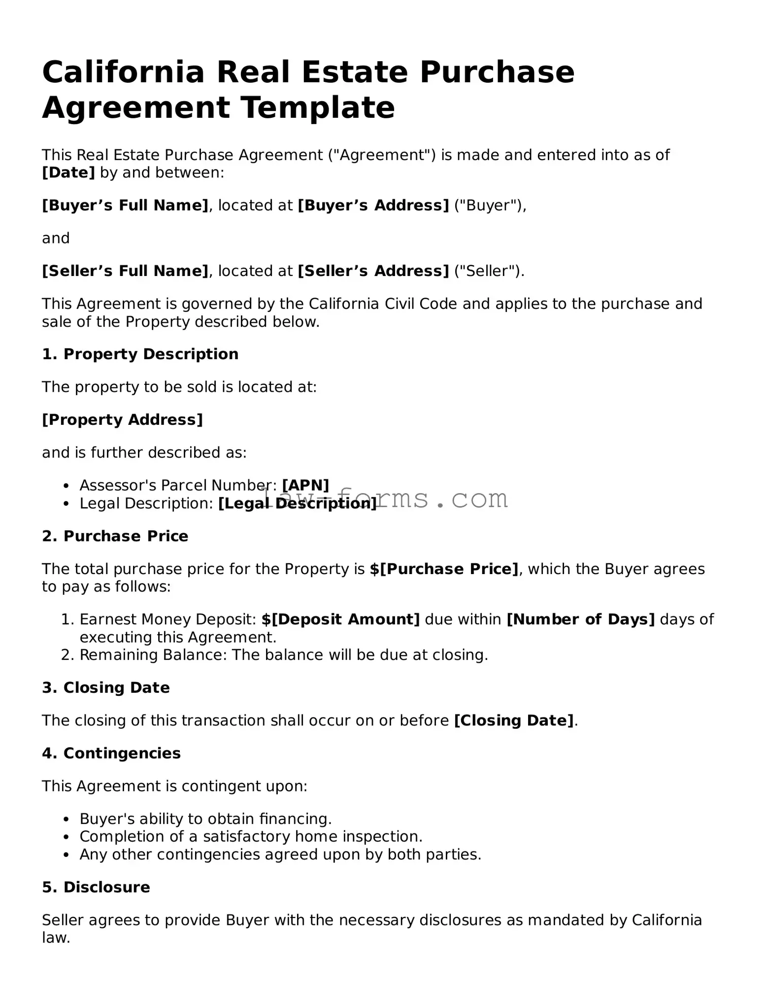 Valid Real Estate Purchase Agreement Form for California State