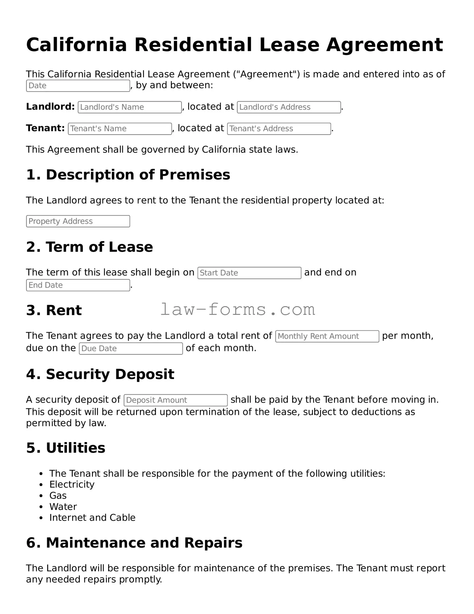 Valid Residential Lease Agreement Form for California State