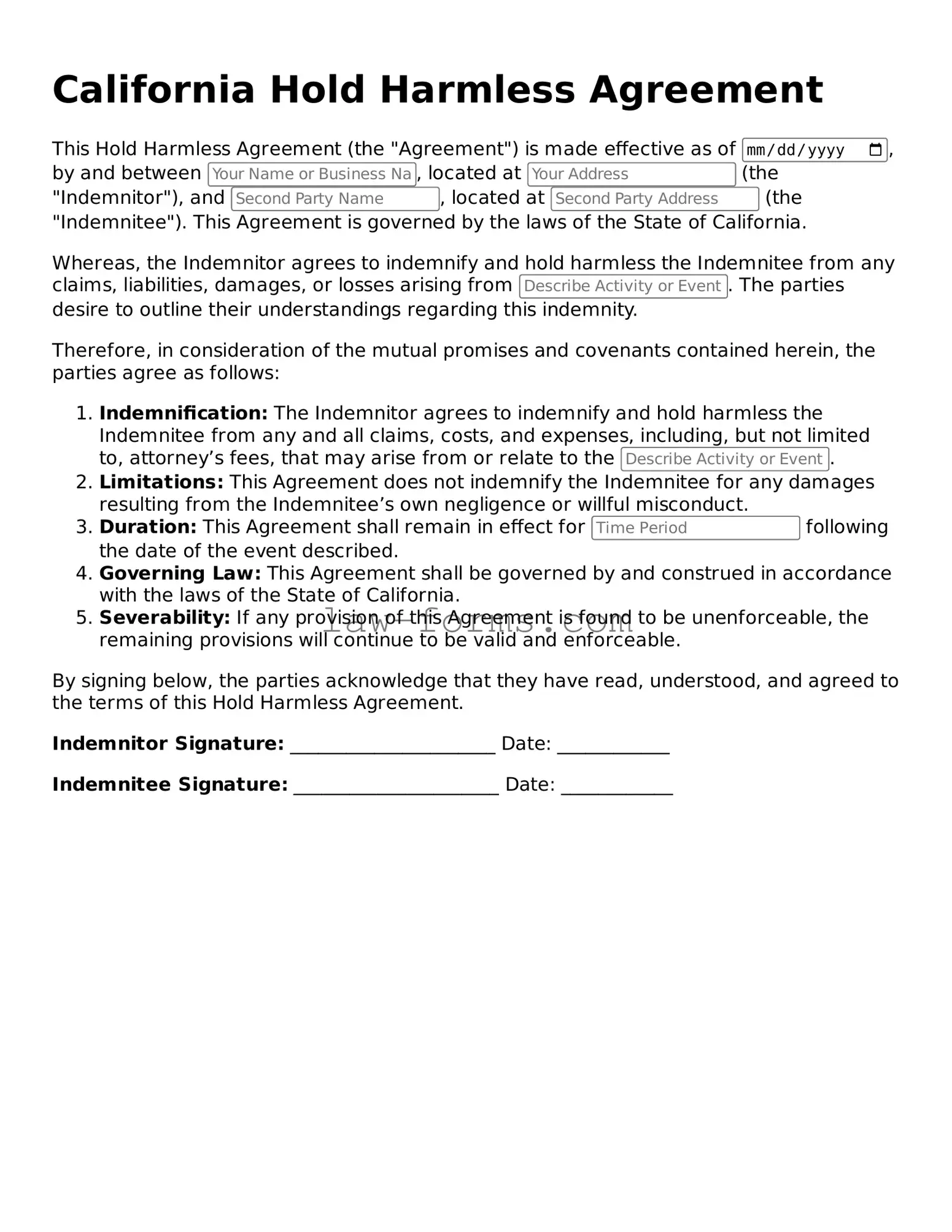 Valid Hold Harmless Agreement Form for California State