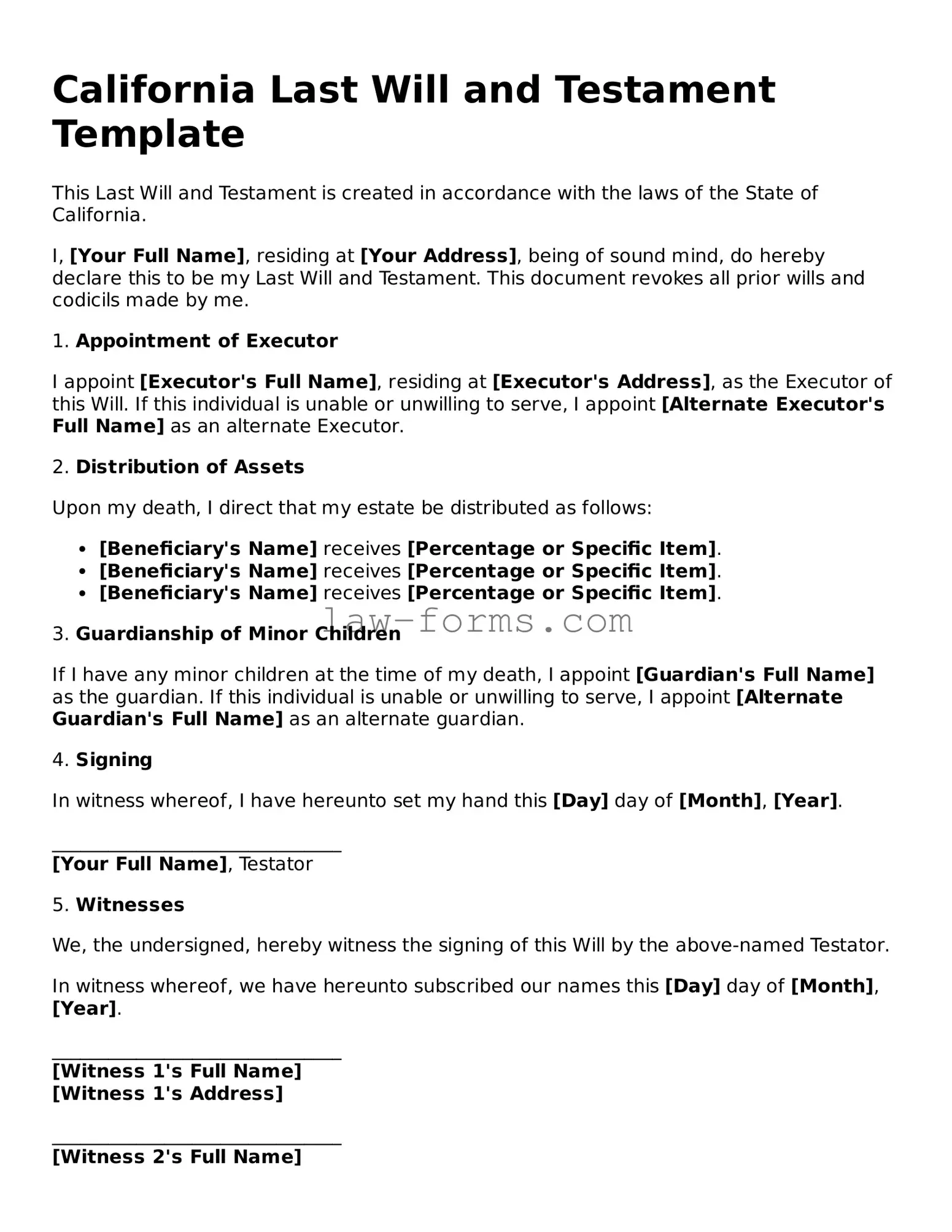 Valid Last Will and Testament Form for California State