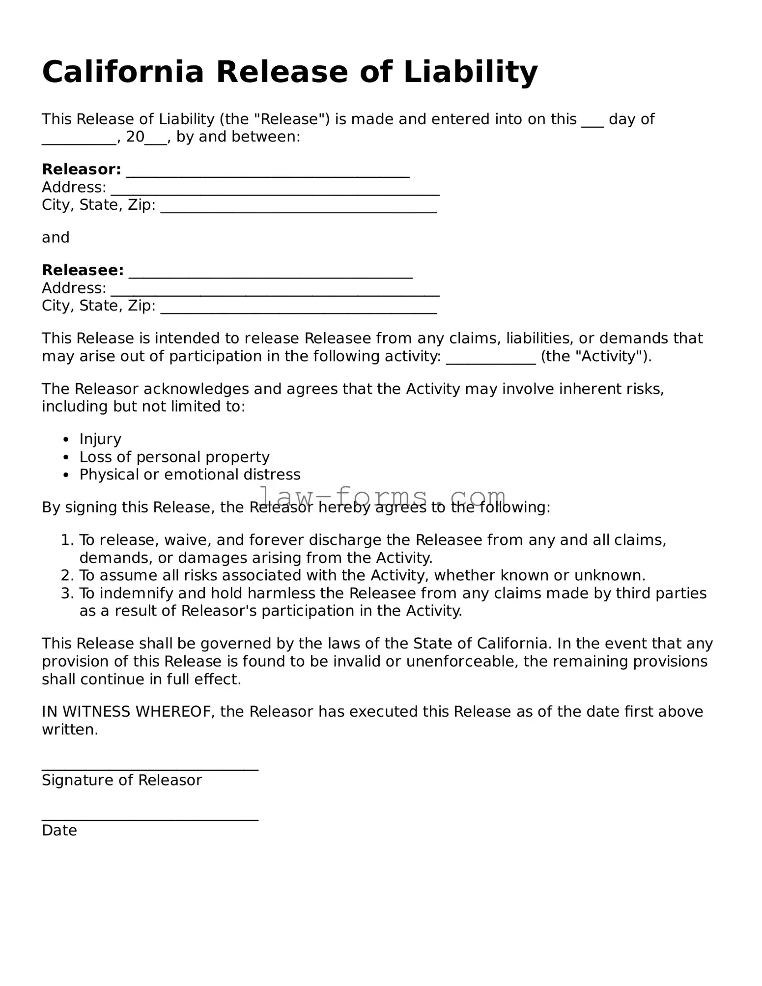 Valid Release of Liability Form for California State
