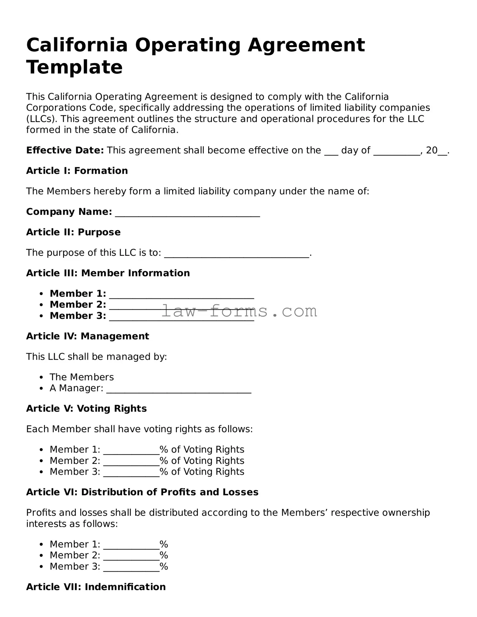 Valid Operating Agreement Form for California State
