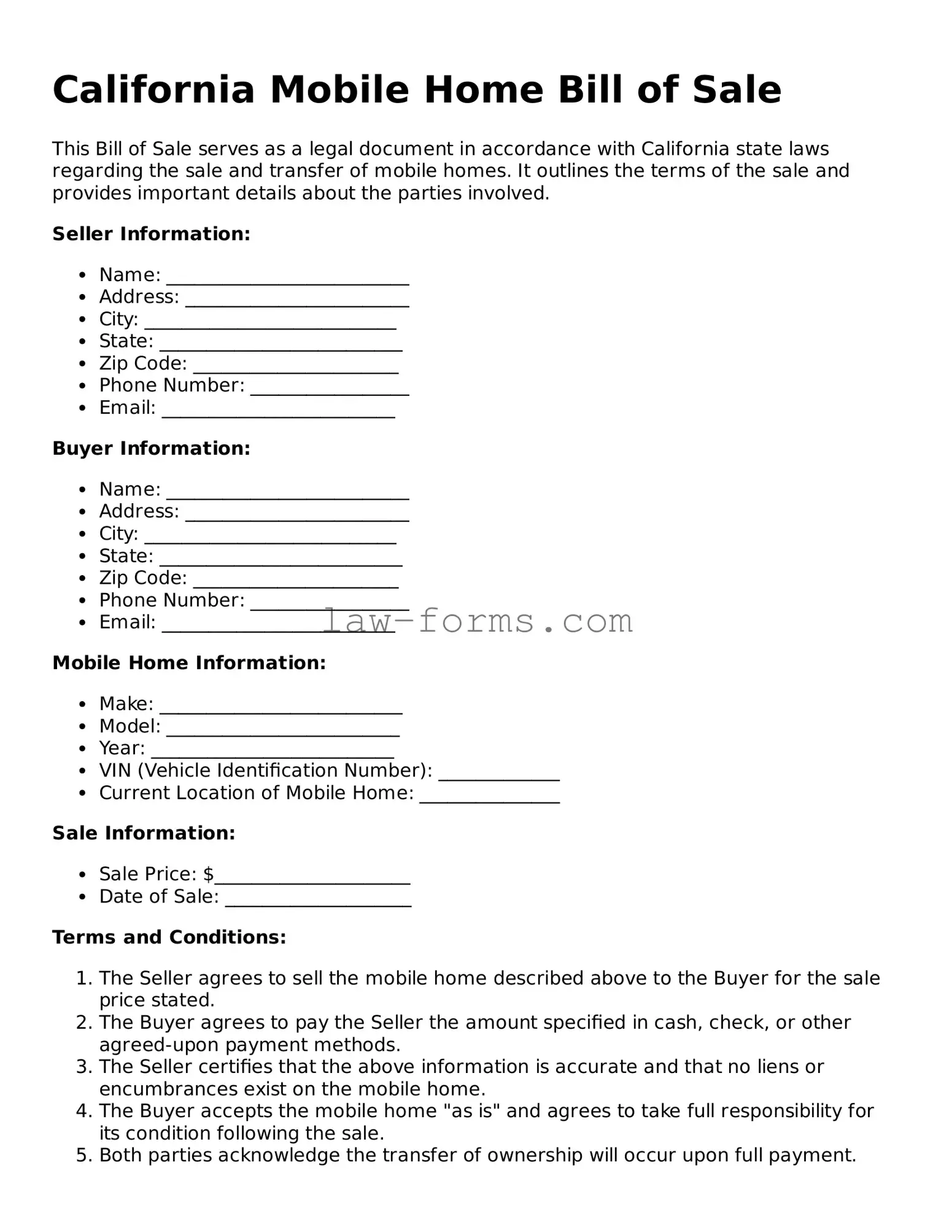 Valid Mobile Home Bill of Sale Form for California State