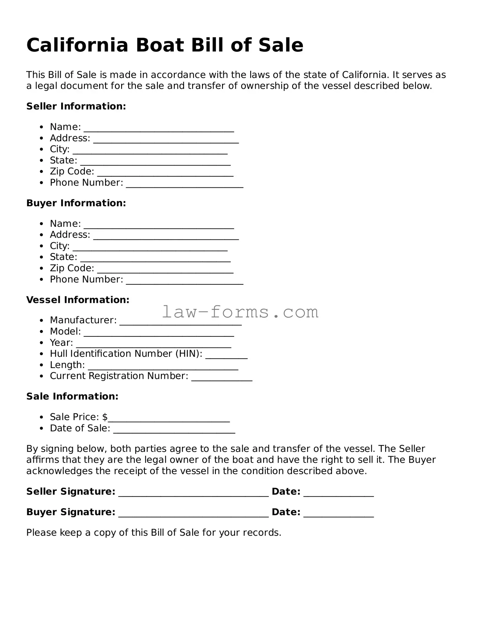 Valid Boat Bill of Sale Form for California State