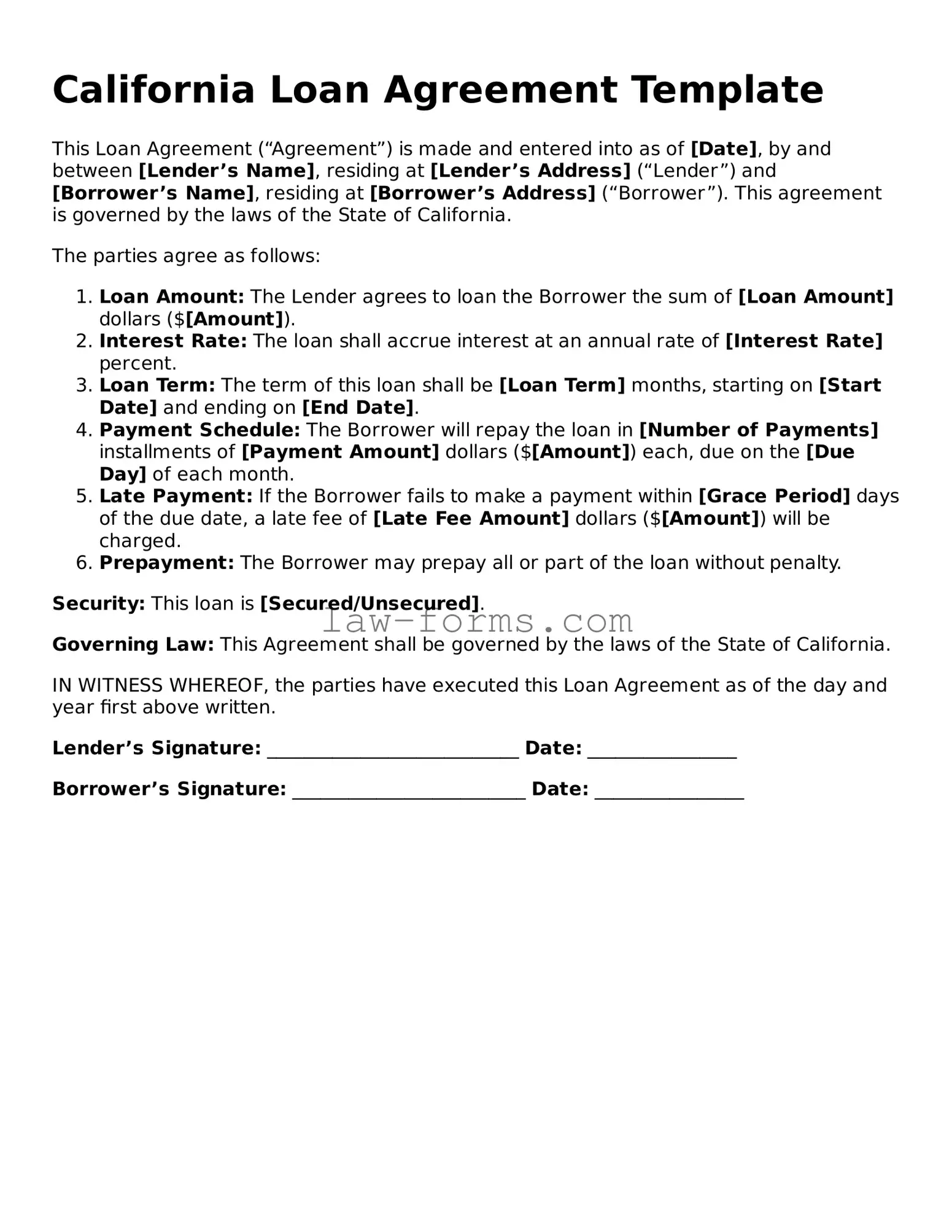 Valid Loan Agreement Form for California State