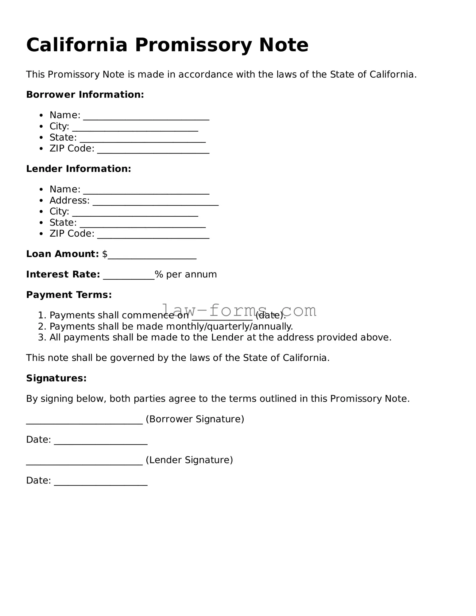 Valid Promissory Note Form for California State