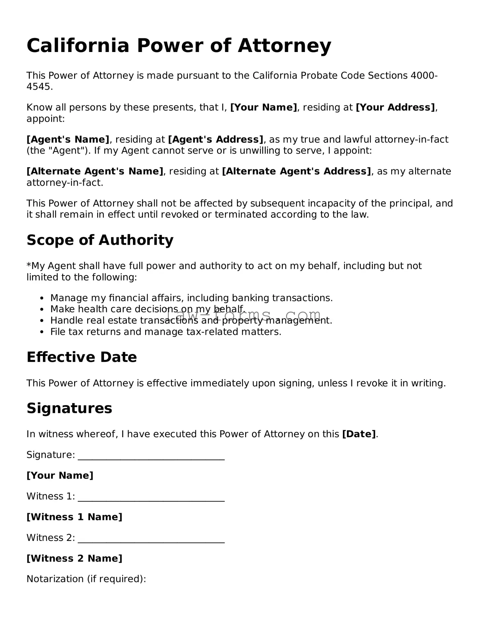 Valid Power of Attorney Form for California State