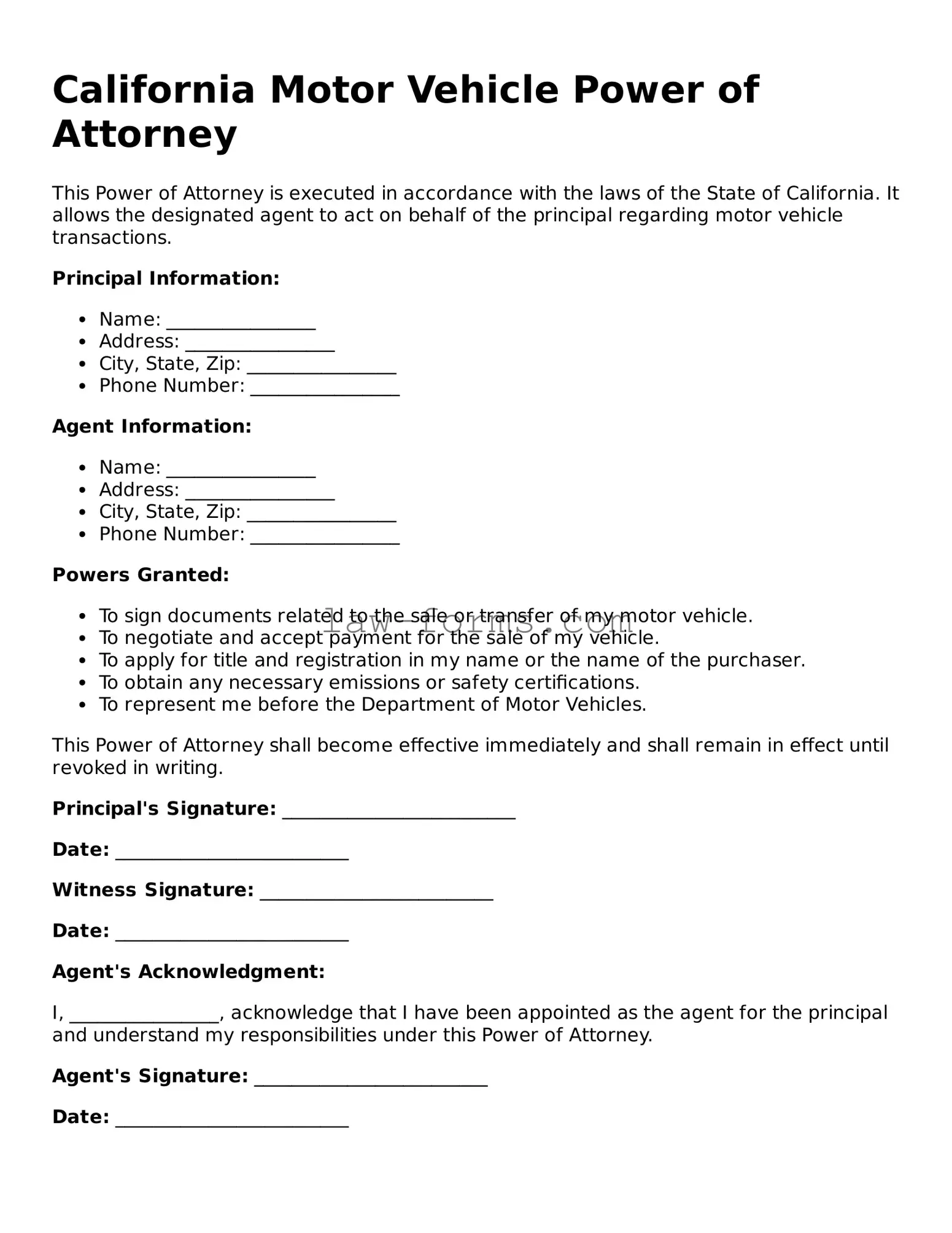 Valid Motor Vehicle Power of Attorney Form for California State