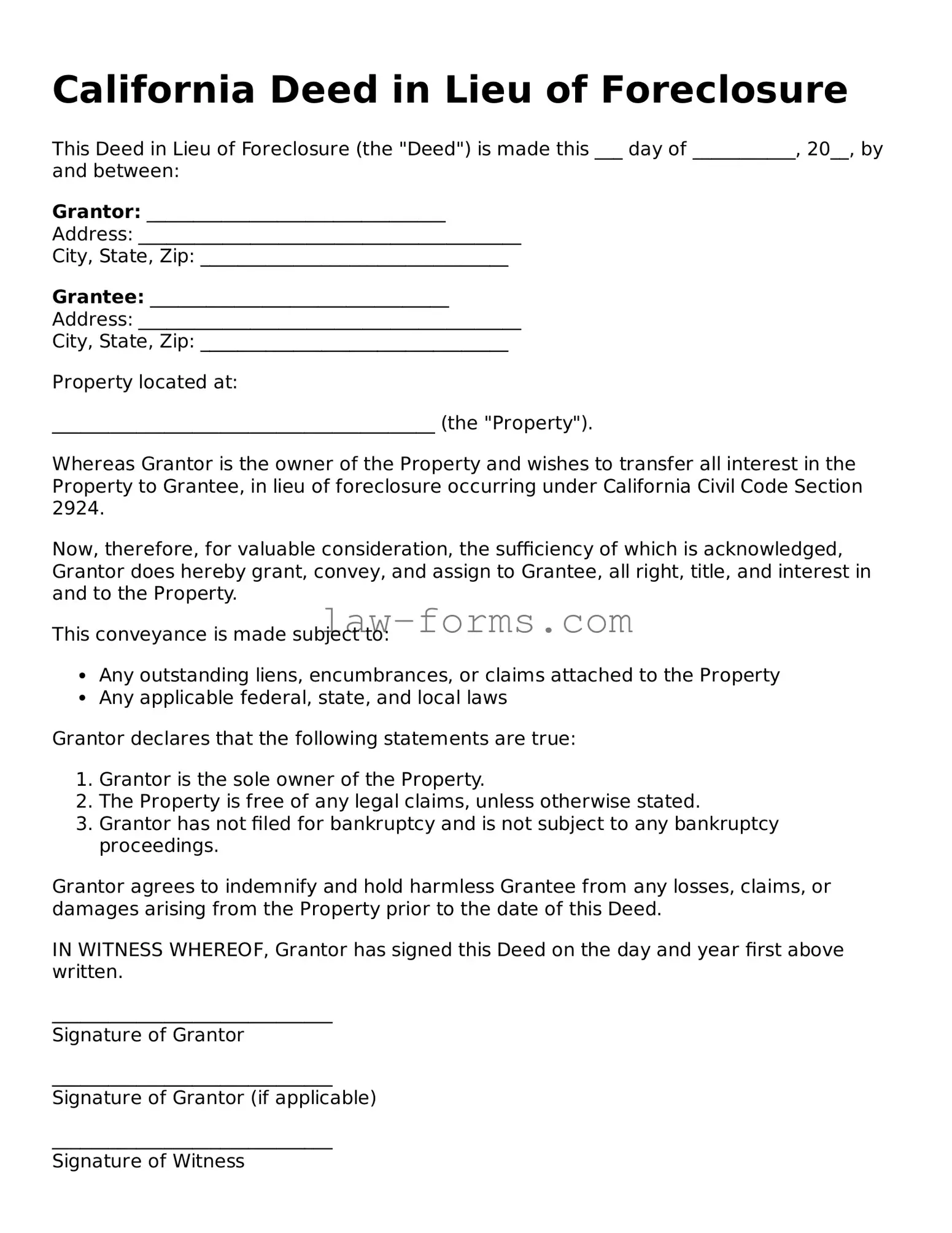 Valid Deed in Lieu of Foreclosure Form for California State