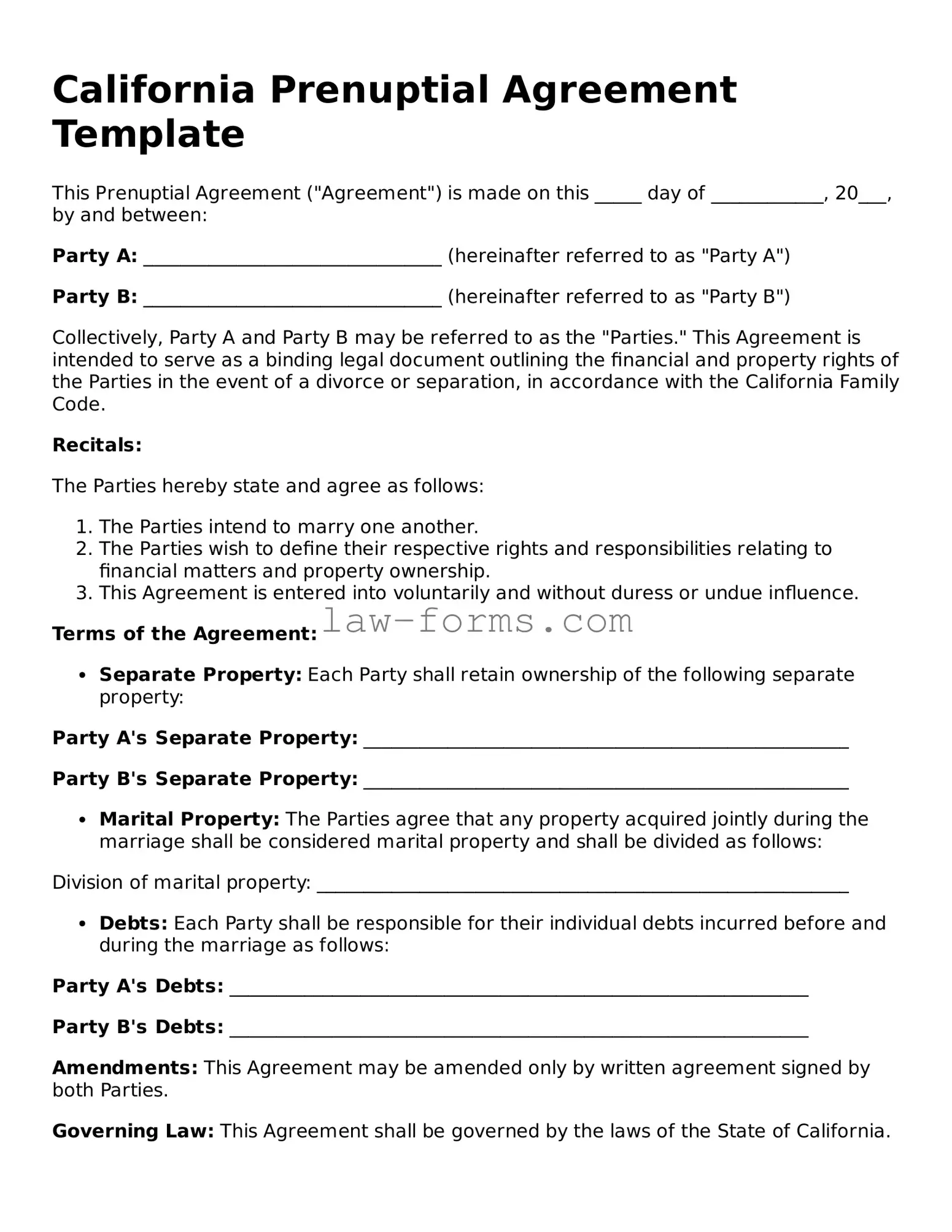 Valid Prenuptial Agreement Form for California State