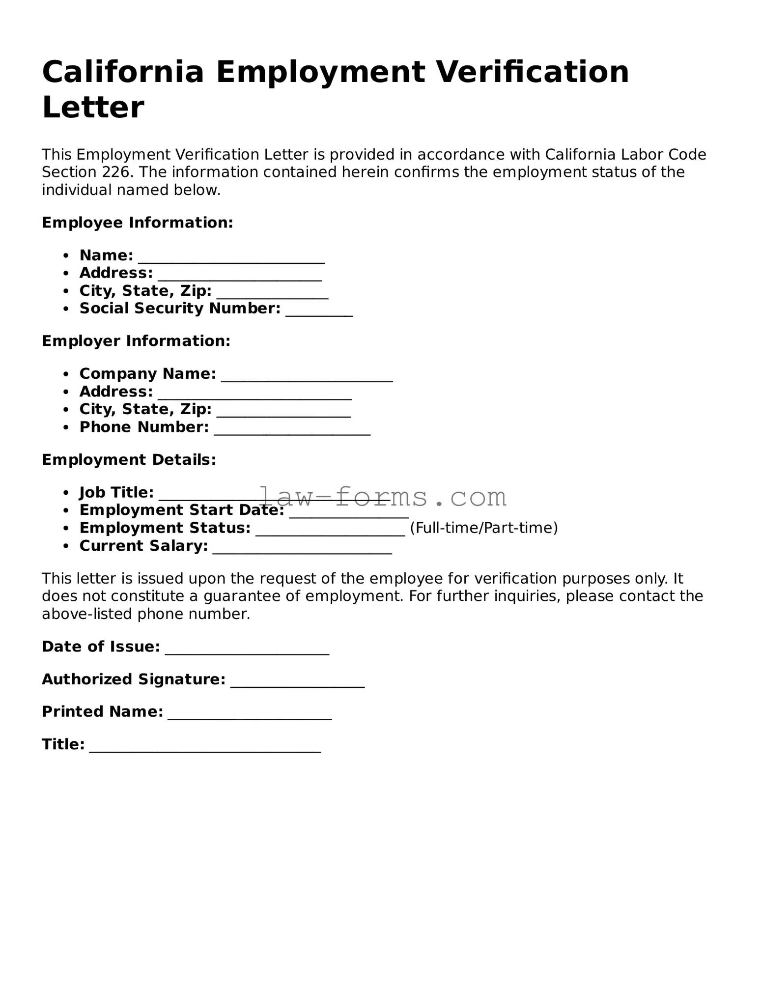 Valid Employment Verification Form for California State