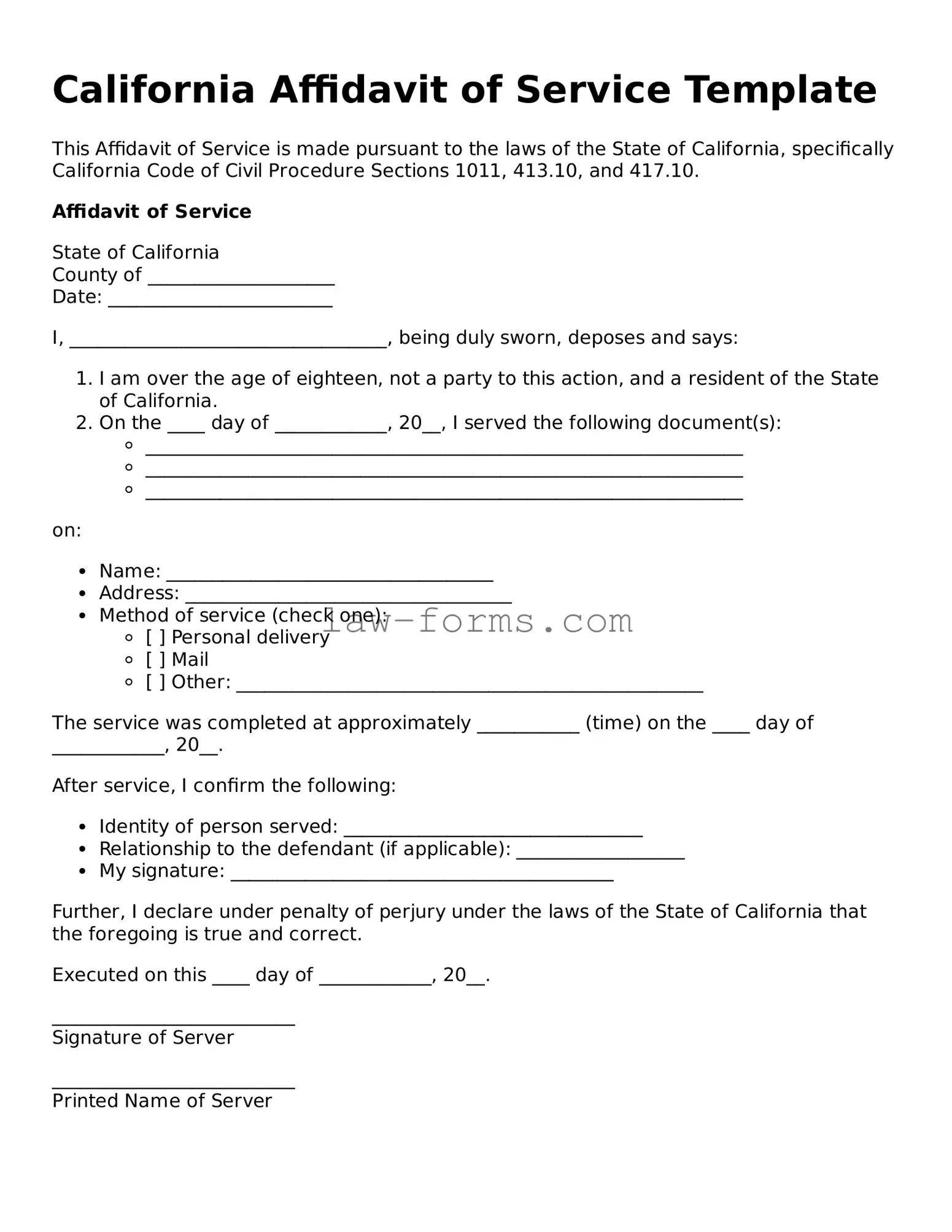 Valid Affidavit of Service Form for California State